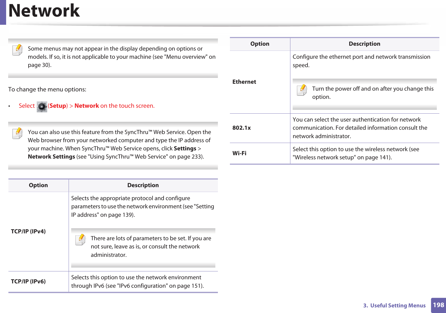 1983.  Useful Setting MenusNetwork Some menus may not appear in the display depending on options or models. If so, it is not applicable to your machine (see &quot;Menu overview&quot; on page 30). To change the menu options:•Select (Setup) &gt; Network on the touch screen. You can also use this feature from the SyncThru™ Web Service. Open the Web browser from your networked computer and type the IP address of your machine. When SyncThru™ Web Service opens, click Settings &gt; Network Settings (see &quot;Using SyncThru™ Web Service&quot; on page 233). Option DescriptionTCP/IP (IPv4)Selects the appropriate protocol and configure parameters to use the network environment (see &quot;Setting IP address&quot; on page 139). There are lots of parameters to be set. If you are not sure, leave as is, or consult the network administrator. TCP/IP (IPv6) Selects this option to use the network environment through IPv6 (see &quot;IPv6 configuration&quot; on page 151).Ethernet Configure the ethernet port and network transmission speed. Turn the power off and on after you change this option. 802.1xYou can select the user authentication for network communication. For detailed information consult the network administrator.Wi-Fi Select this option to use the wireless network (see &quot;Wireless network setup&quot; on page 141).Option Description