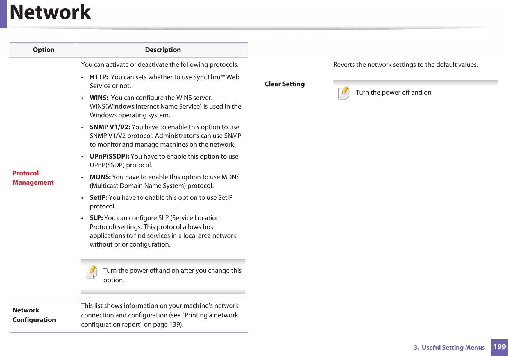 Network1993.  Useful Setting MenusProtocol ManagementYou can activate or deactivate the following protocols.•HTTP:  You can sets whether to use SyncThru™ Web Service or not.•WINS:  You can configure the WINS server. WINS(Windows Internet Name Service) is used in the Windows operating system.•SNMP V1/V2: You have to enable this option to use SNMP V1/V2 protocol. Administrator’s can use SNMP to monitor and manage machines on the network.•UPnP(SSDP): You have to enable this option to use UPnP(SSDP) protocol.•MDNS: You have to enable this option to use MDNS (Multicast Domain Name System) protocol.•SetIP: You have to enable this option to use SetIP protocol.•SLP: You can configure SLP (Service Location Protocol) settings. This protocol allows host applications to find services in a local area network without prior configuration. Turn the power off and on after you change this option. Network ConfigurationThis list shows information on your machine’s network connection and configuration (see &quot;Printing a network configuration report&quot; on page 139).Option DescriptionClear SettingReverts the network settings to the default values. Turn the power off and on