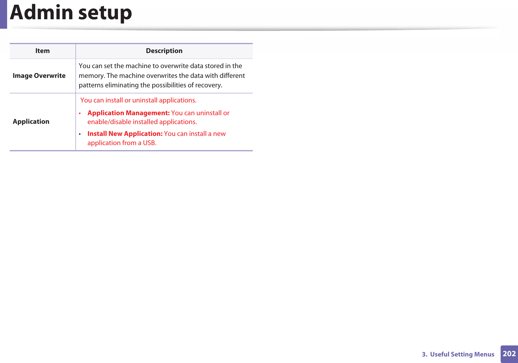 Admin setup2023.  Useful Setting MenusImage OverwriteYou can set the machine to overwrite data stored in the memory. The machine overwrites the data with different patterns eliminating the possibilities of recovery. Application You can install or uninstall applications. •Application Management: You can uninstall or enable/disable installed applications.•Install New Application: You can install a new application from a USB.Item Description