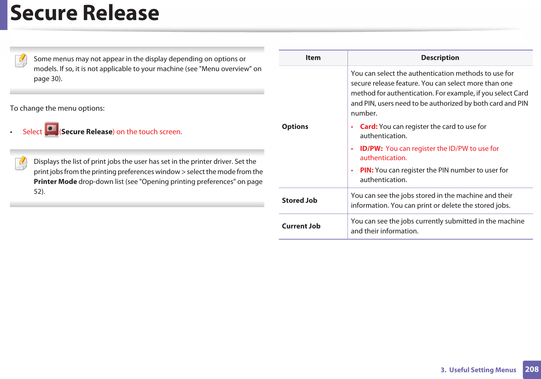 2083.  Useful Setting MenusSecure Release Some menus may not appear in the display depending on options or models. If so, it is not applicable to your machine (see &quot;Menu overview&quot; on page 30). To change the menu options:•Select (Secure Release) on the touch screen. Displays the list of print jobs the user has set in the printer driver. Set the print jobs from the printing preferences window &gt; select the mode from the Printer Mode drop-down list (see &quot;Opening printing preferences&quot; on page 52). Item DescriptionOptionsYou can select the authentication methods to use for secure release feature. You can select more than one method for authentication. For example, if you select Card and PIN, users need to be authorized by both card and PIN number. •Card: You can register the card to use for authentication.•ID/PW:  You can register the ID/PW to use for authentication.•PIN: You can register the PIN number to user for authentication.Stored Job You can see the jobs stored in the machine and their information. You can print or delete the stored jobs.Current Job You can see the jobs currently submitted in the machine and their information. 