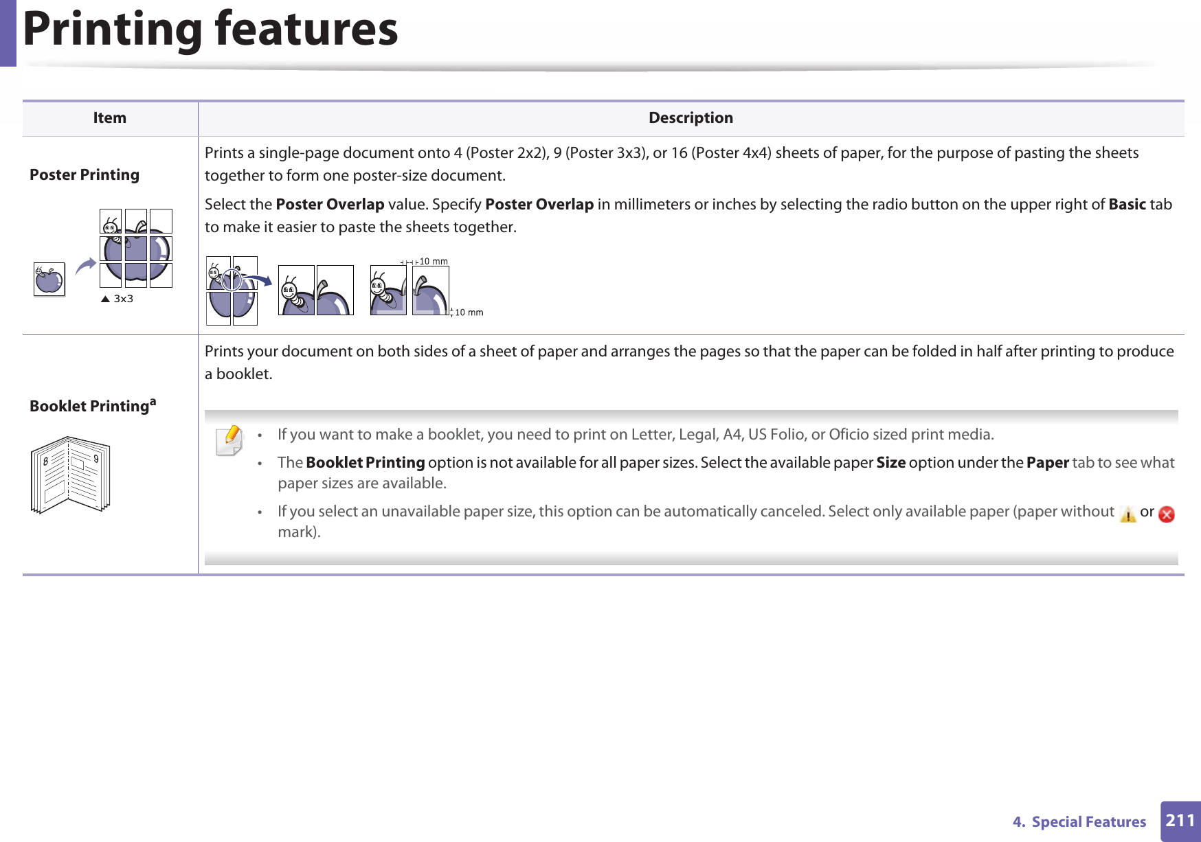 Printing features2114.  Special FeaturesPoster PrintingPrints a single-page document onto 4 (Poster 2x2), 9 (Poster 3x3), or 16 (Poster 4x4) sheets of paper, for the purpose of pasting the sheets together to form one poster-size document.Select the Poster Overlap value. Specify Poster Overlap in millimeters or inches by selecting the radio button on the upper right of Basic tab to make it easier to paste the sheets together.Booklet PrintingaPrints your document on both sides of a sheet of paper and arranges the pages so that the paper can be folded in half after printing to produce a booklet. • If you want to make a booklet, you need to print on Letter, Legal, A4, US Folio, or Oficio sized print media. • The Booklet Printing option is not available for all paper sizes. Select the available paper Size option under the Paper tab to see what paper sizes are available.• If you select an unavailable paper size, this option can be automatically canceled. Select only available paper (paper without  or   mark). Item Description89