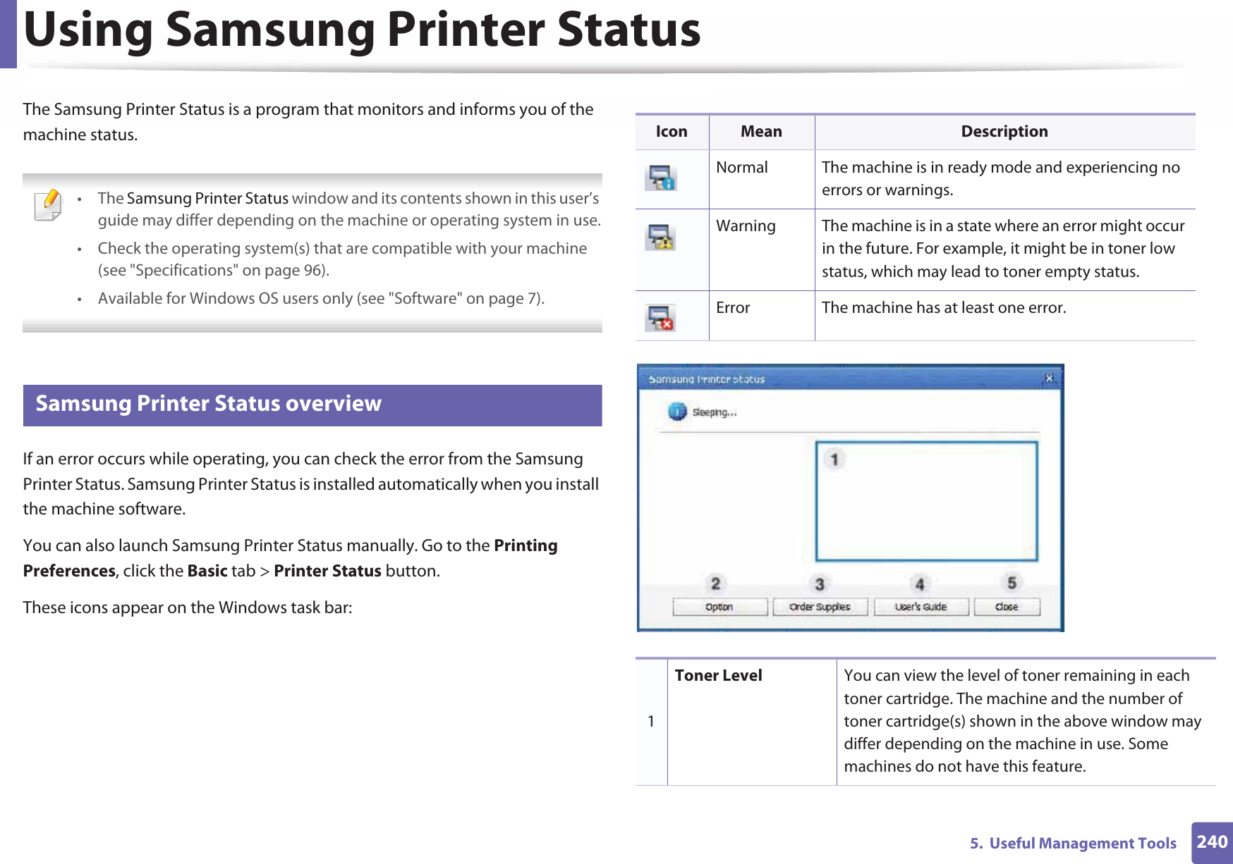 2405.  Useful Management ToolsUsing Samsung Printer Status The Samsung Printer Status is a program that monitors and informs you of the machine status.  • The Samsung Printer Status window and its contents shown in this user’s guide may differ depending on the machine or operating system in use.• Check the operating system(s) that are compatible with your machine (see &quot;Specifications&quot; on page 96).• Available for Windows OS users only (see &quot;Software&quot; on page 7). 7 Samsung Printer Status overviewIf an error occurs while operating, you can check the error from the Samsung Printer Status. Samsung Printer Status is installed automatically when you install the machine software. You can also launch Samsung Printer Status manually. Go to the Printing Preferences, click the Basic tab &gt; Printer Status button.These icons appear on the Windows task bar:Icon Mean DescriptionNormal The machine is in ready mode and experiencing no errors or warnings.Warning The machine is in a state where an error might occur in the future. For example, it might be in toner low status, which may lead to toner empty status. Error The machine has at least one error.1Toner Level You can view the level of toner remaining in each toner cartridge. The machine and the number of toner cartridge(s) shown in the above window may differ depending on the machine in use. Some machines do not have this feature.