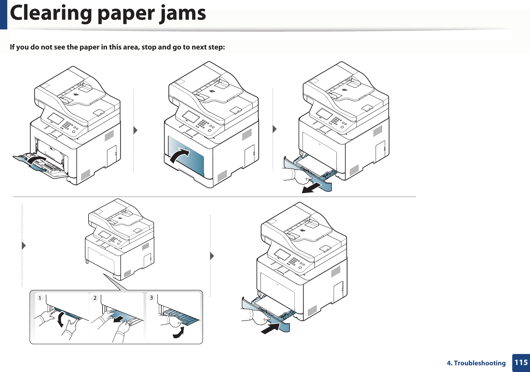 Clearing paper jams1154. TroubleshootingIf you do not see the paper in this area, stop and go to next step:123
