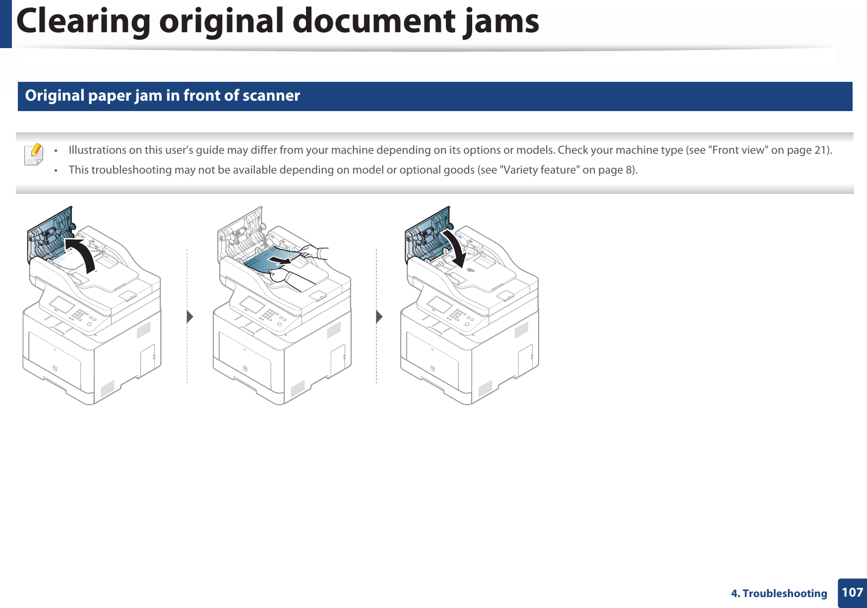 Clearing original document jams1074. Troubleshooting1 Original paper jam in front of scanner • Illustrations on this user’s guide may differ from your machine depending on its options or models. Check your machine type (see &quot;Front view&quot; on page 21).• This troubleshooting may not be available depending on model or optional goods (see &quot;Variety feature&quot; on page 8). 