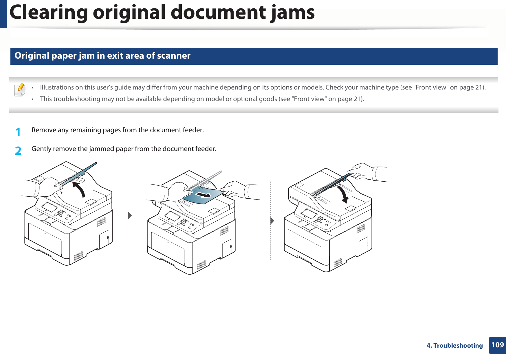 Clearing original document jams1094. Troubleshooting3 Original paper jam in exit area of scanner • Illustrations on this user’s guide may differ from your machine depending on its options or models. Check your machine type (see &quot;Front view&quot; on page 21).• This troubleshooting may not be available depending on model or optional goods (see &quot;Front view&quot; on page 21). 1Remove any remaining pages from the document feeder.2  Gently remove the jammed paper from the document feeder.