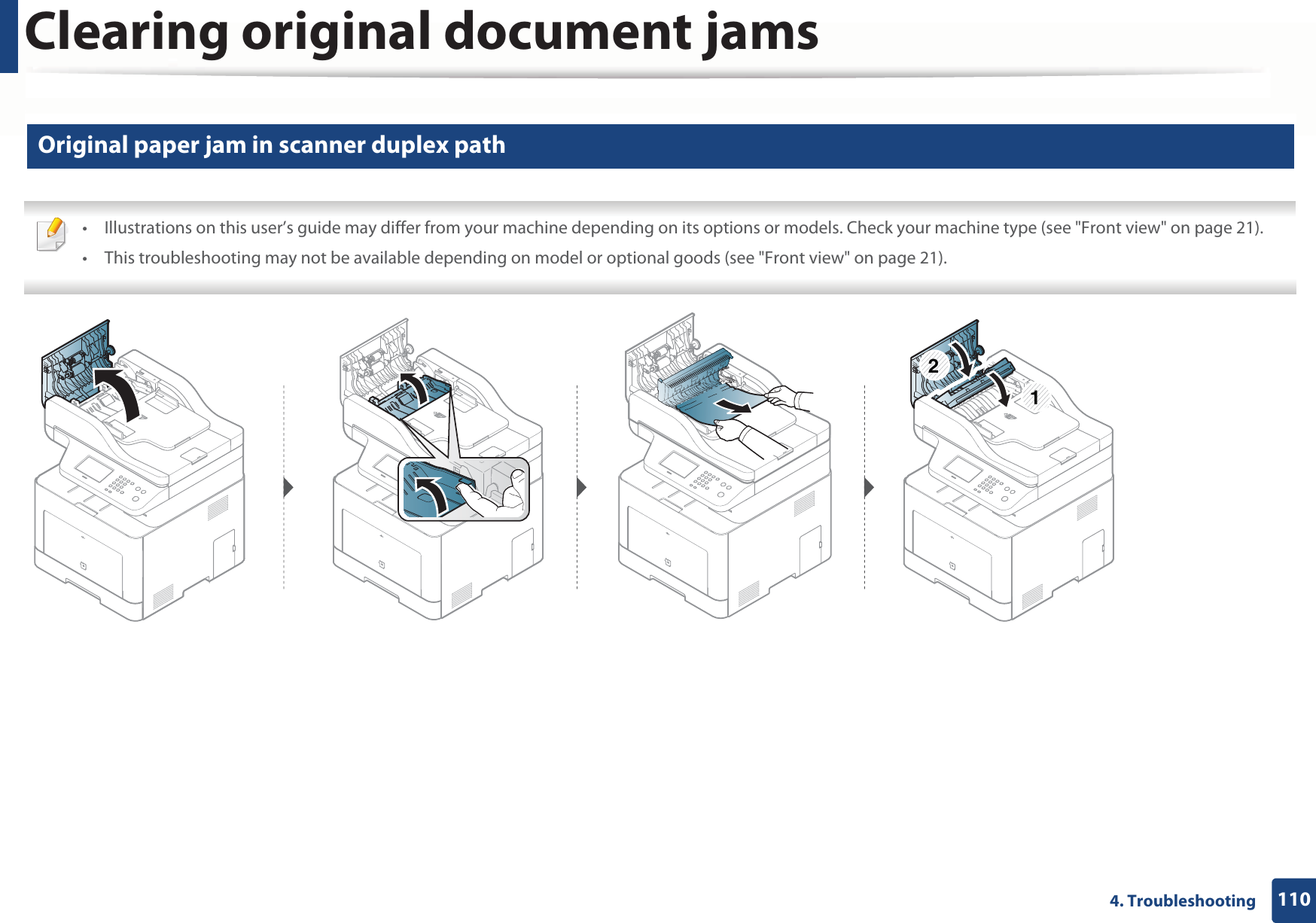 Clearing original document jams1104. Troubleshooting4 Original paper jam in scanner duplex path • Illustrations on this user’s guide may differ from your machine depending on its options or models. Check your machine type (see &quot;Front view&quot; on page 21).• This troubleshooting may not be available depending on model or optional goods (see &quot;Front view&quot; on page 21). 21