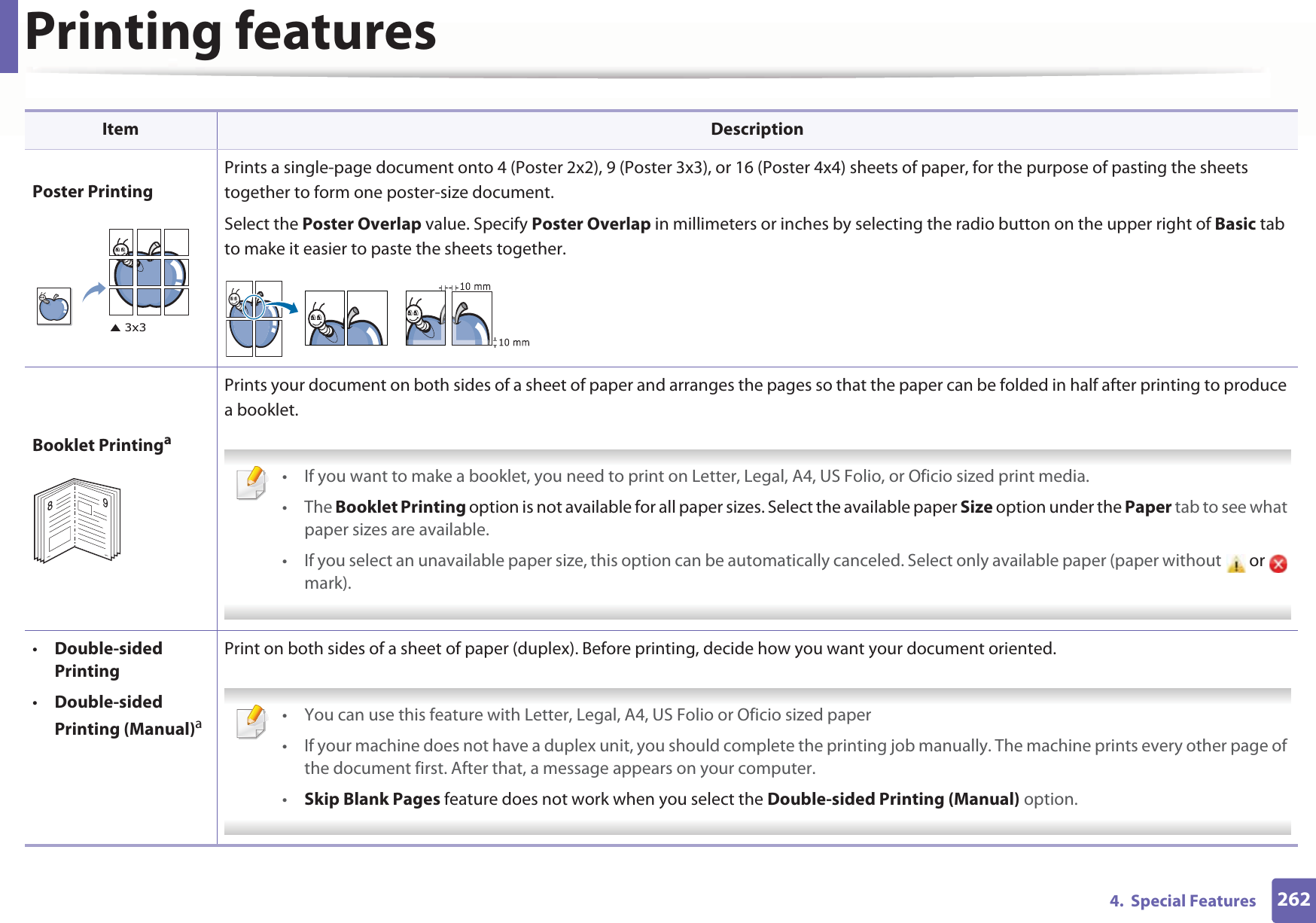 Printing features2624.  Special FeaturesPoster PrintingPrints a single-page document onto 4 (Poster 2x2), 9 (Poster 3x3), or 16 (Poster 4x4) sheets of paper, for the purpose of pasting the sheets together to form one poster-size document.Select the Poster Overlap value. Specify Poster Overlap in millimeters or inches by selecting the radio button on the upper right of Basic tab to make it easier to paste the sheets together.Booklet PrintingaPrints your document on both sides of a sheet of paper and arranges the pages so that the paper can be folded in half after printing to produce a booklet. • If you want to make a booklet, you need to print on Letter, Legal, A4, US Folio, or Oficio sized print media. • The Booklet Printing option is not available for all paper sizes. Select the available paper Size option under the Paper tab to see what paper sizes are available.• If you select an unavailable paper size, this option can be automatically canceled. Select only available paper (paper without  or   mark). •Double-sided Printing•Double-sided Printing (Manual)aPrint on both sides of a sheet of paper (duplex). Before printing, decide how you want your document oriented.  • You can use this feature with Letter, Legal, A4, US Folio or Oficio sized paper • If your machine does not have a duplex unit, you should complete the printing job manually. The machine prints every other page of the document first. After that, a message appears on your computer.•Skip Blank Pages feature does not work when you select the Double-sided Printing (Manual) option. Item Description89