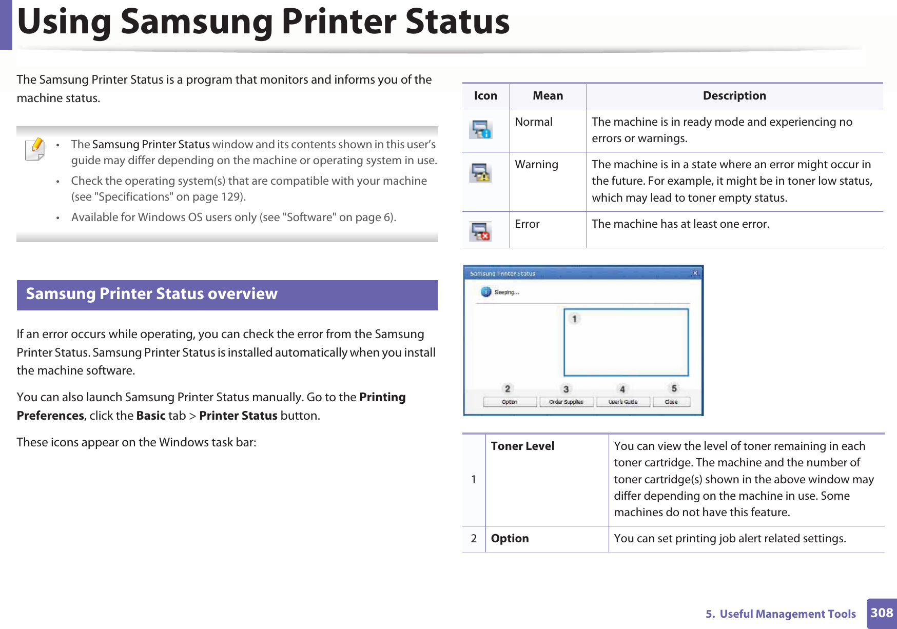 3085.  Useful Management ToolsUsing Samsung Printer Status The Samsung Printer Status is a program that monitors and informs you of the machine status.  • The Samsung Printer Status window and its contents shown in this user’s guide may differ depending on the machine or operating system in use.• Check the operating system(s) that are compatible with your machine (see &quot;Specifications&quot; on page 129).• Available for Windows OS users only (see &quot;Software&quot; on page 6). 7 Samsung Printer Status overviewIf an error occurs while operating, you can check the error from the Samsung Printer Status. Samsung Printer Status is installed automatically when you install the machine software. You can also launch Samsung Printer Status manually. Go to the Printing Preferences, click the Basic tab &gt; Printer Status button.These icons appear on the Windows task bar:Icon Mean DescriptionNormal The machine is in ready mode and experiencing no errors or warnings.Warning The machine is in a state where an error might occur in the future. For example, it might be in toner low status, which may lead to toner empty status. Error The machine has at least one error.1Toner Level You can view the level of toner remaining in each toner cartridge. The machine and the number of toner cartridge(s) shown in the above window may differ depending on the machine in use. Some machines do not have this feature.2Option You can set printing job alert related settings. 