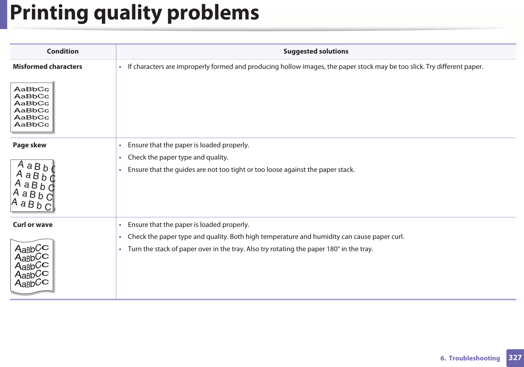 Printing quality problems3276.  TroubleshootingMisformed characters • If characters are improperly formed and producing hollow images, the paper stock may be too slick. Try different paper.Page skew • Ensure that the paper is loaded properly.• Check the paper type and quality.• Ensure that the guides are not too tight or too loose against the paper stack.Curl or wave • Ensure that the paper is loaded properly.• Check the paper type and quality. Both high temperature and humidity can cause paper curl.• Turn the stack of paper over in the tray. Also try rotating the paper 180° in the tray.Condition Suggested solutionsAaBbCAaBbCAaBbCAaBbCAaBbCc