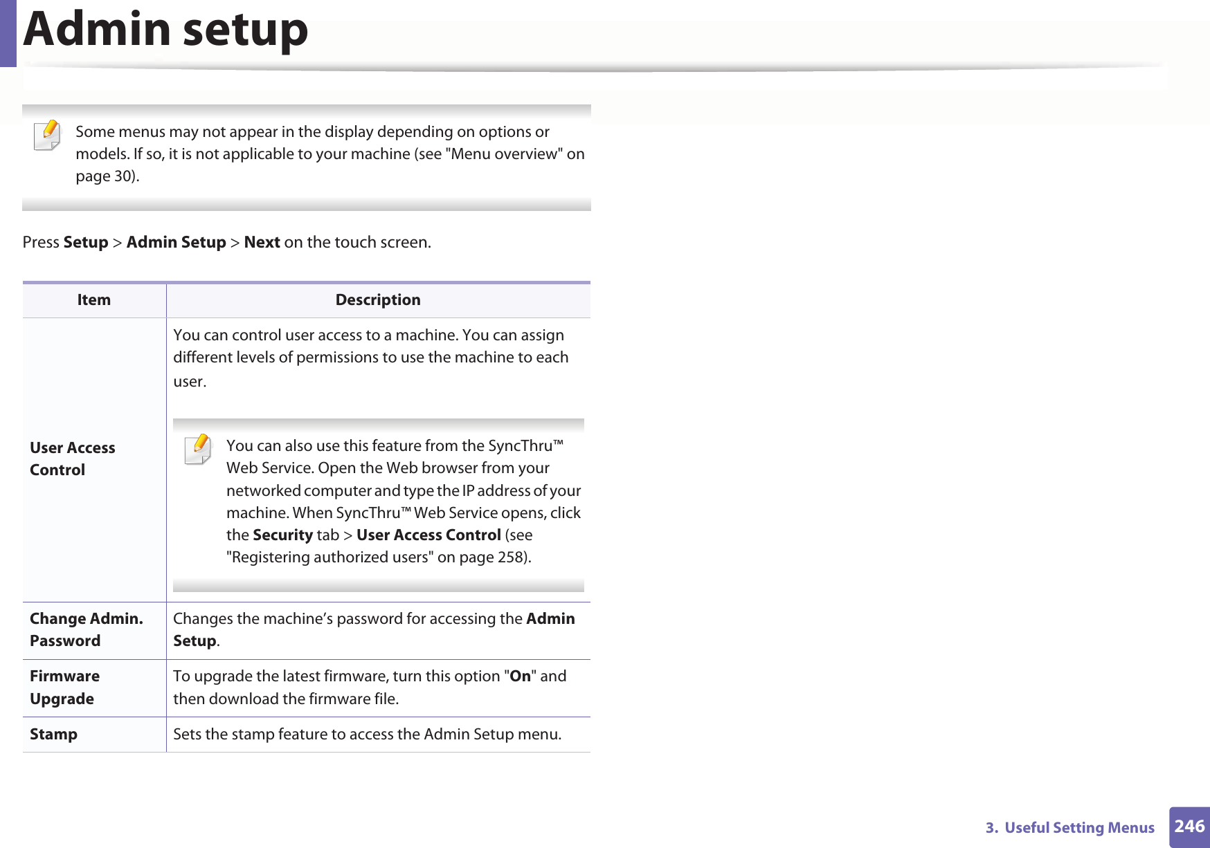 2463.  Useful Setting MenusAdmin setup Some menus may not appear in the display depending on options or models. If so, it is not applicable to your machine (see &quot;Menu overview&quot; on page 30). Press Setup &gt; Admin Setup &gt; Next on the touch screen.Item DescriptionUser Access ControlYou can control user access to a machine. You can assign different levels of permissions to use the machine to each userU You can also use this feature from the SyncThru™ Web Service. Open the Web browser from your networked computer and type the IP address of your machine. When SyncThru™ Web Service opens, click the Security tab &gt; User Access Control (see &quot;Registering authorized users&quot; on page 258). Change Admin. PasswordChanges the machine’s password for accessing the Admin Setup.Firmware UpgradeTo upgrade the latest firmware, turn this option &quot;On&quot; and then download the firmware file.Stamp Sets the stamp feature to access the Admin Setup menu. 