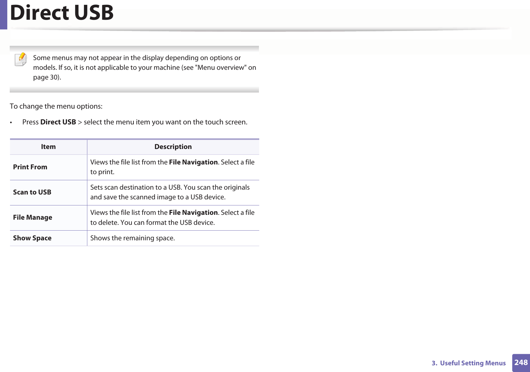 2483.  Useful Setting MenusDirect USB Some menus may not appear in the display depending on options or models. If so, it is not applicable to your machine (see &quot;Menu overview&quot; on page 30). To change the menu options:• Press Direct USB &gt; select the menu item you want on the touch screen. Item DescriptionPrint From Views the file list from the File Navigation. Select a file to print.Scan to USB Sets scan destination to a USB. You scan the originals and save the scanned image to a USB device.File Manage Views the file list from the File Navigation. Select a file to delete. You can format the USB device.Show Space Shows the remaining space.