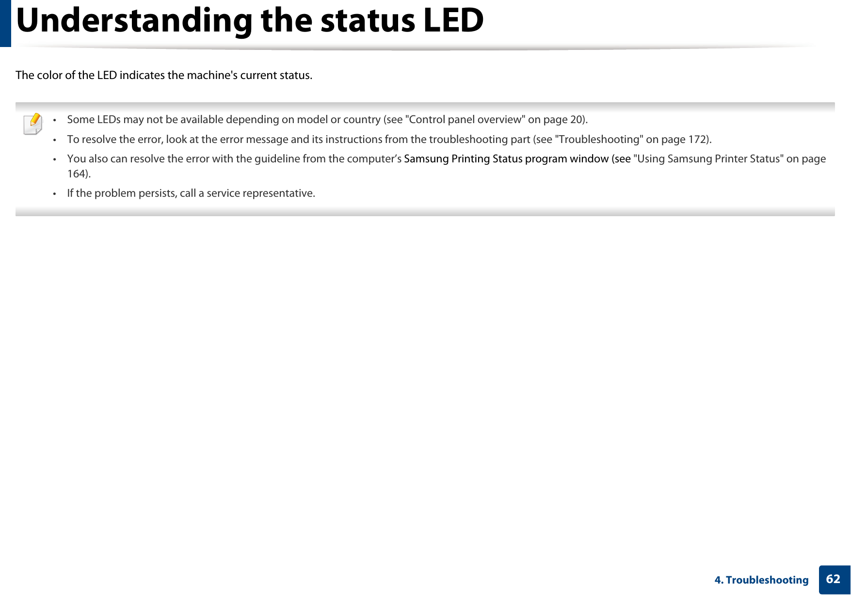624. TroubleshootingUnderstanding the status LEDThe color of the LED indicates the machine&apos;s current status. • Some LEDs may not be available depending on model or country (see &quot;Control panel overview&quot; on page 20).• To resolve the error, look at the error message and its instructions from the troubleshooting part (see &quot;Troubleshooting&quot; on page 172).• You also can resolve the error with the guideline from the computer’s Samsung Printing Status program window (see &quot;Using Samsung Printer Status&quot; on page 164).• If the problem persists, call a service representative. 