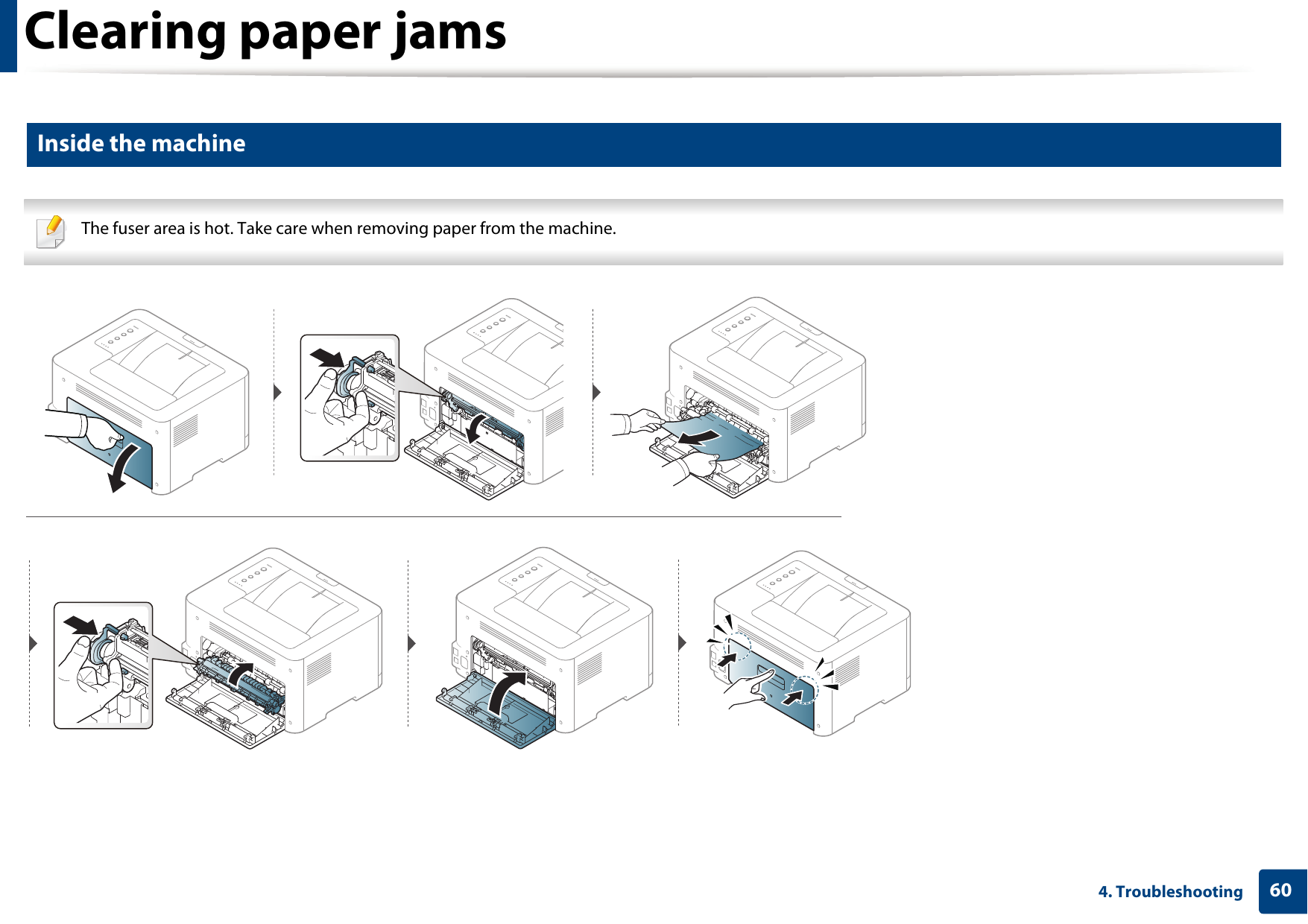 Clearing paper jams604. Troubleshooting2 Inside the machine The fuser area is hot. Take care when removing paper from the machine.  