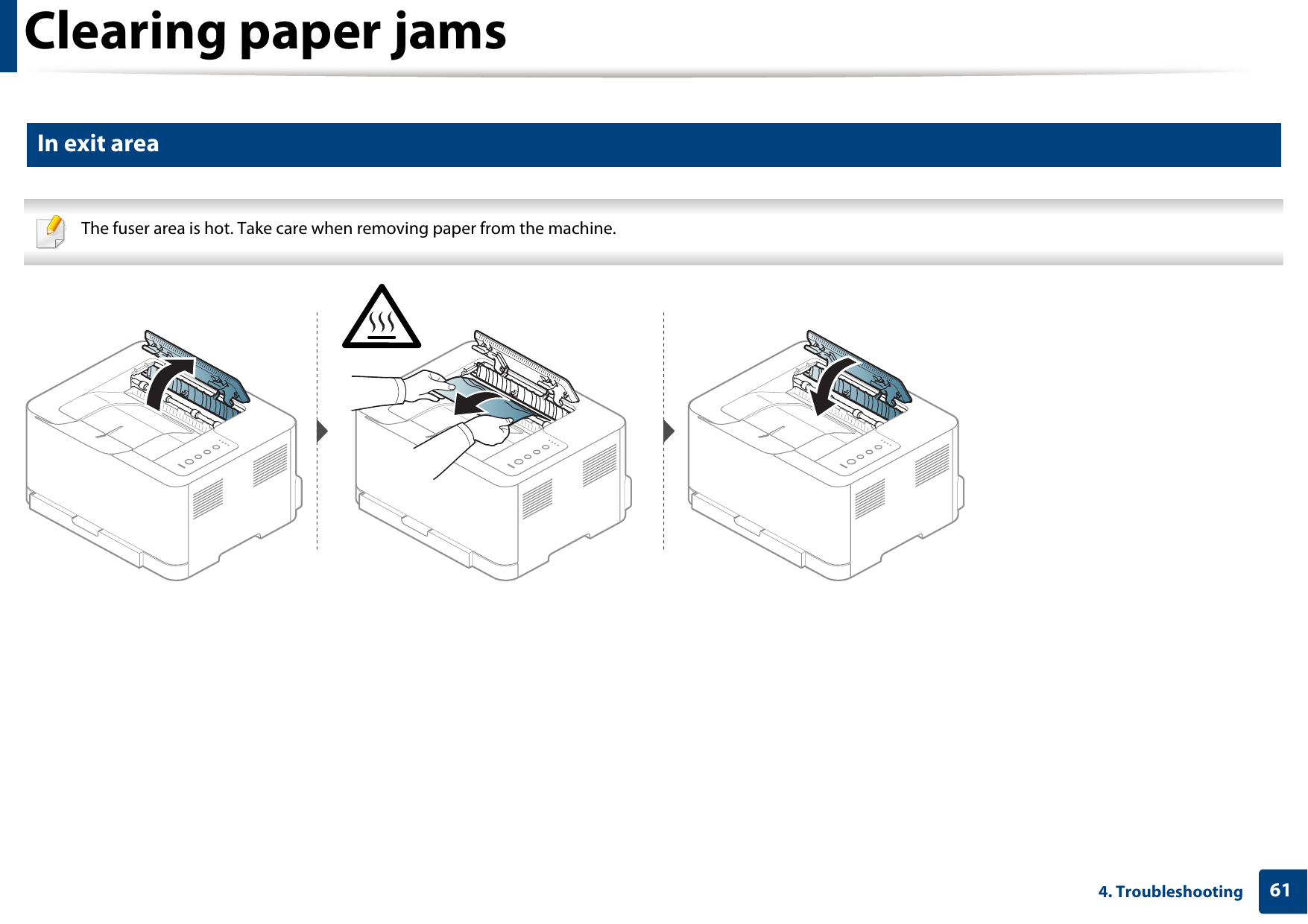 Clearing paper jams614. Troubleshooting3 In exit area The fuser area is hot. Take care when removing paper from the machine.  