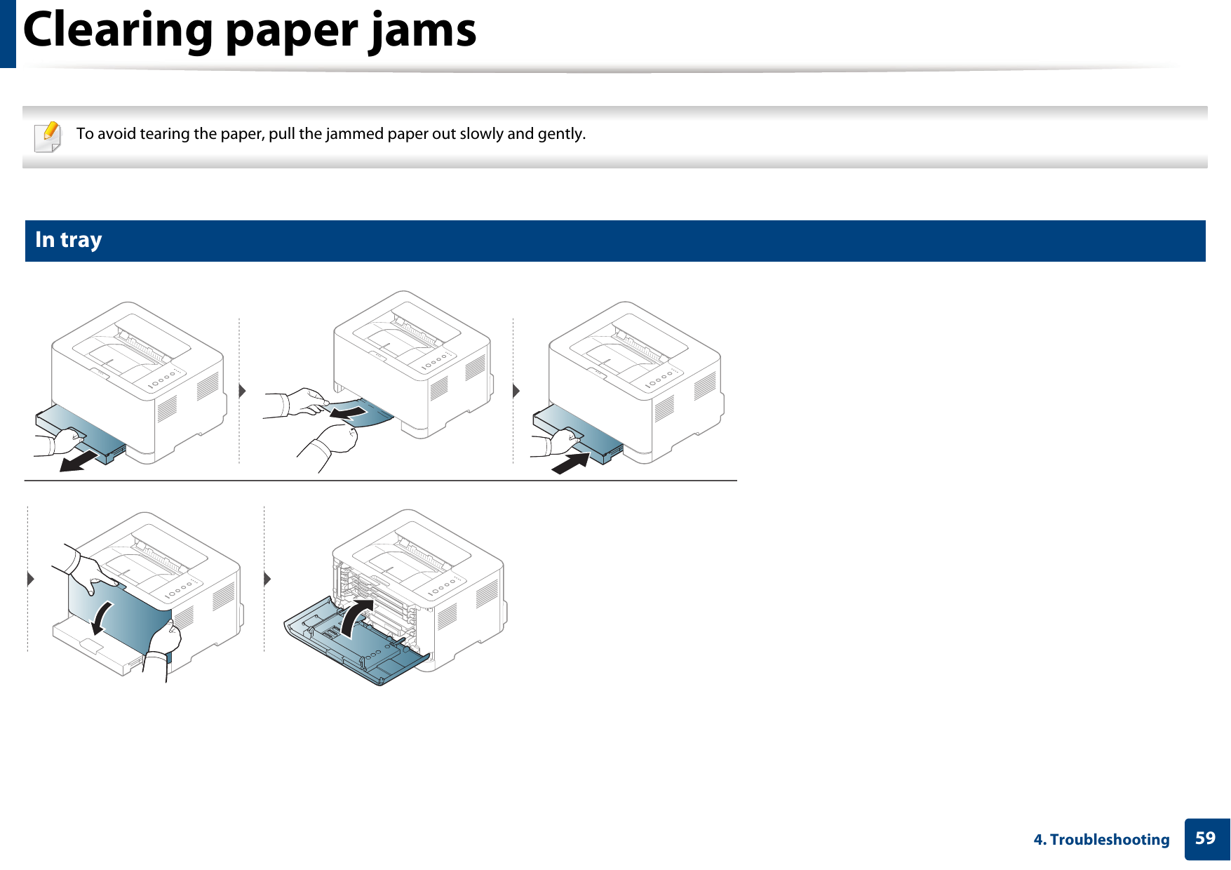 594. TroubleshootingClearing paper jams To avoid tearing the paper, pull the jammed paper out slowly and gently.  1 In tray