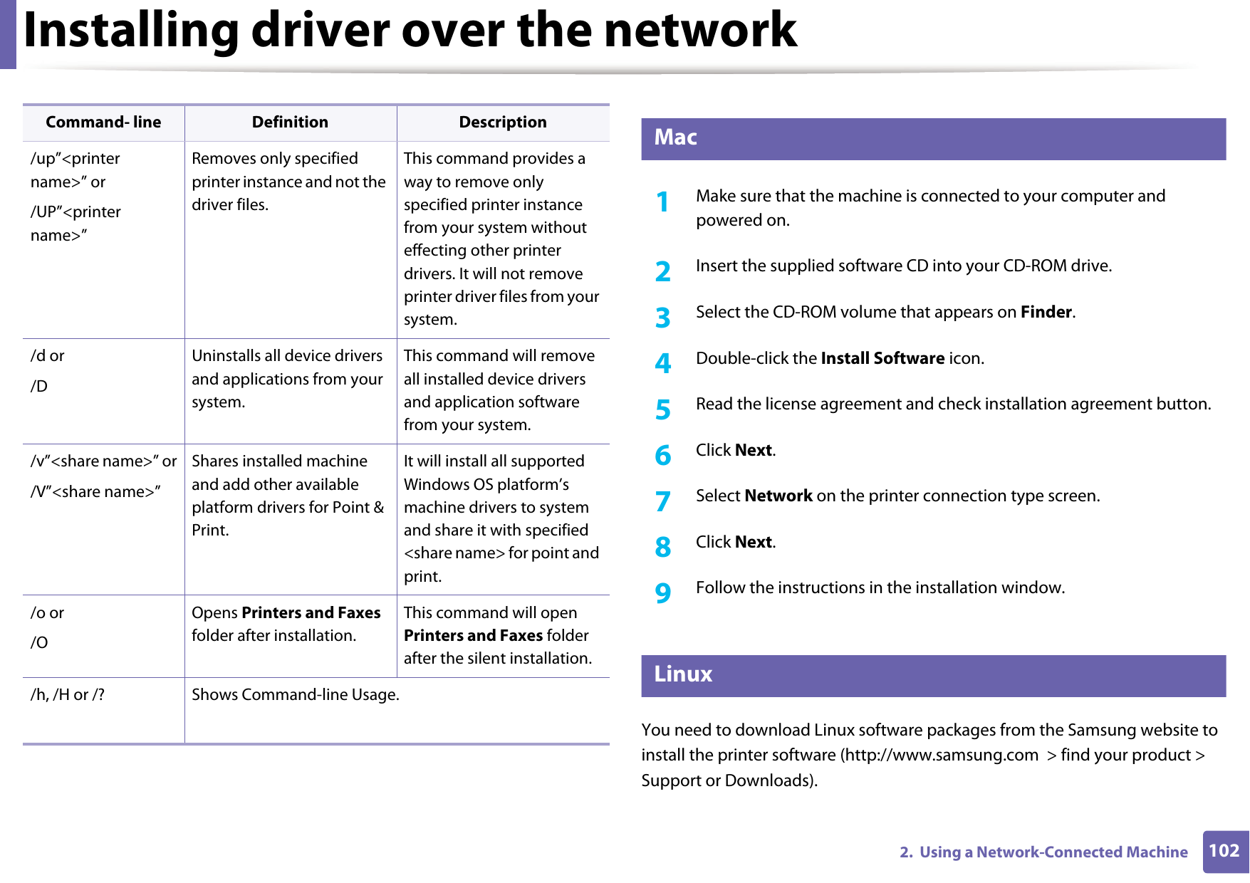 Installing driver over the network1022.  Using a Network-Connected Machine6 Mac1Make sure that the machine is connected to your computer and powered on.2  Insert the supplied software CD into your CD-ROM drive.3  Select the CD-ROM volume that appears on Finder.4  Double-click the Install Software icon.5  Read the license agreement and check installation agreement button.6  Click Next.7  Select Network on the printer connection type screen. 8  Click Next.9  Follow the instructions in the installation window.7 LinuxYou need to download Linux software packages from the Samsung website to install the printer software (http://www.samsung.com  > find your product > Support or Downloads)./up&rdquo;<printer name>&rdquo; or/UP&rdquo;<printer name>&rdquo;Removes only specified printer instance and not the driver files.This command provides a way to remove only specified printer instance from your system without effecting other printer drivers. It will not remove printer driver files from your system./d or/DUninstalls all device drivers and applications from your system.This command will remove all installed device drivers and application software from your system./v&rdquo;<share name>&rdquo; or/V&rdquo;<share name>&rdquo;Shares installed machine and add other available platform drivers for Point &amp; Print.It will install all supported Windows OS platform&rsquo;s machine drivers to system and share it with specified <share name> for point and print./o or /OOpens Printers and Faxes folder after installation.This command will open Printers and Faxes folder after the silent installation./h, /H or /? Shows Command-line Usage.Command- line Definition Description