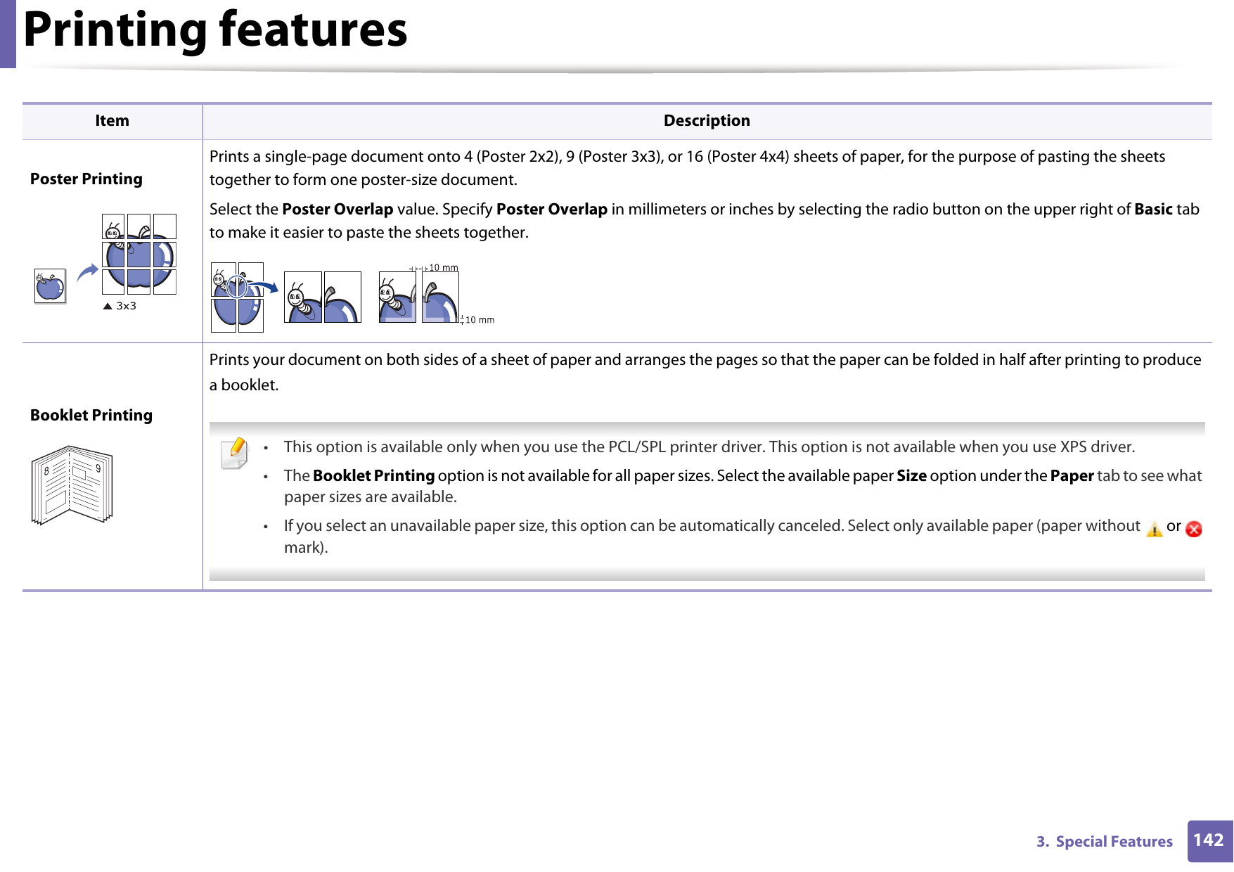 Printing features1423.  Special FeaturesPoster PrintingPrints a single-page document onto 4 (Poster 2x2), 9 (Poster 3x3), or 16 (Poster 4x4) sheets of paper, for the purpose of pasting the sheets together to form one poster-size document.Select the Poster Overlap value. Specify Poster Overlap in millimeters or inches by selecting the radio button on the upper right of Basic tab to make it easier to paste the sheets together.Booklet PrintingPrints your document on both sides of a sheet of paper and arranges the pages so that the paper can be folded in half after printing to produce a booklet.  &bull; This option is available only when you use the PCL/SPL printer driver. This option is not available when you use XPS driver.&bull; The Booklet Printing option is not available for all paper sizes. Select the available paper Size option under the Paper tab to see what paper sizes are available.&bull; If you select an unavailable paper size, this option can be automatically canceled. Select only available paper (paper without  or   mark). Item Description89