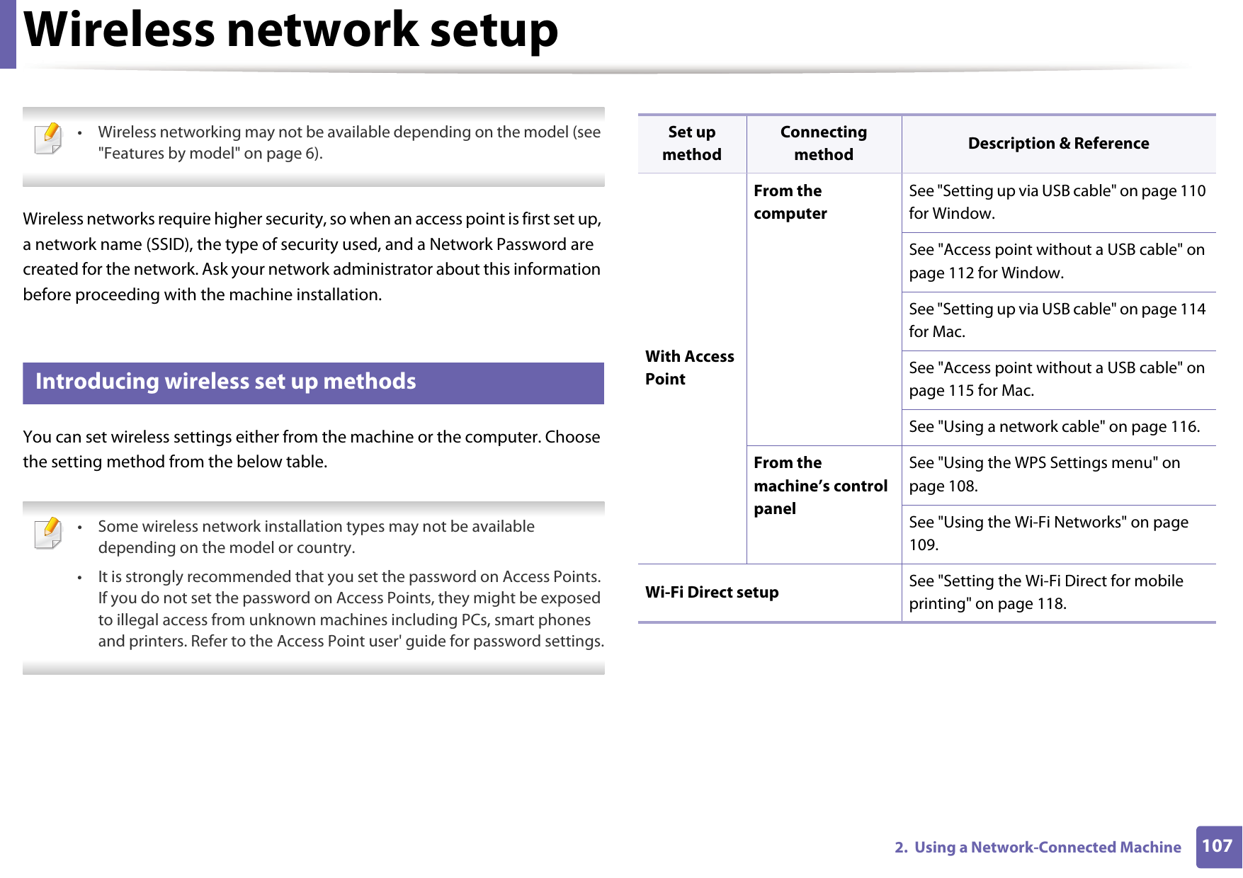 1072.  Using a Network-Connected MachineWireless network setup &bull; Wireless networking may not be available depending on the model (see "Features by model" on page 6). Wireless networks require higher security, so when an access point is first set up, a network name (SSID), the type of security used, and a Network Password are created for the network. Ask your network administrator about this information before proceeding with the machine installation.10 Introducing wireless set up methodsYou can set wireless settings either from the machine or the computer. Choose the setting method from the below table. &bull; Some wireless network installation types may not be available depending on the model or country.&bull; It is strongly recommended that you set the password on Access Points. If you do not set the password on Access Points, they might be exposed to illegal access from unknown machines including PCs, smart phones and printers. Refer to the Access Point user' guide for password settings. Set up methodConnecting method Description &amp; ReferenceWith Access PointFrom the computerSee "Setting up via USB cable" on page 110 for Window.See "Access point without a USB cable" on page 112 for Window.See "Setting up via USB cable" on page 114 for Mac.See "Access point without a USB cable" on page 115 for Mac.See "Using a network cable" on page 116.From the machine&rsquo;s control panelSee "Using the WPS Settings menu" on page 108.See "Using the Wi-Fi Networks" on page 109.Wi-Fi Direct setup See "Setting the Wi-Fi Direct for mobile printing" on page 118.