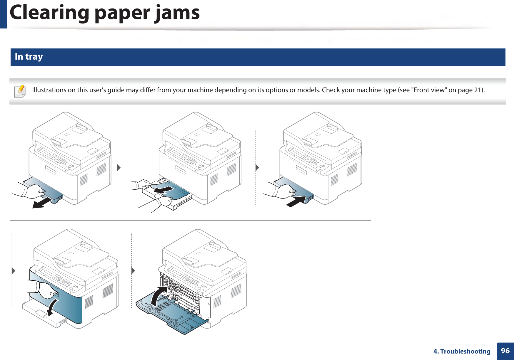 Clearing paper jams964. Troubleshooting1 In tray Illustrations on this user’s guide may differ from your machine depending on its options or models. Check your machine type (see &quot;Front view&quot; on page 21). 