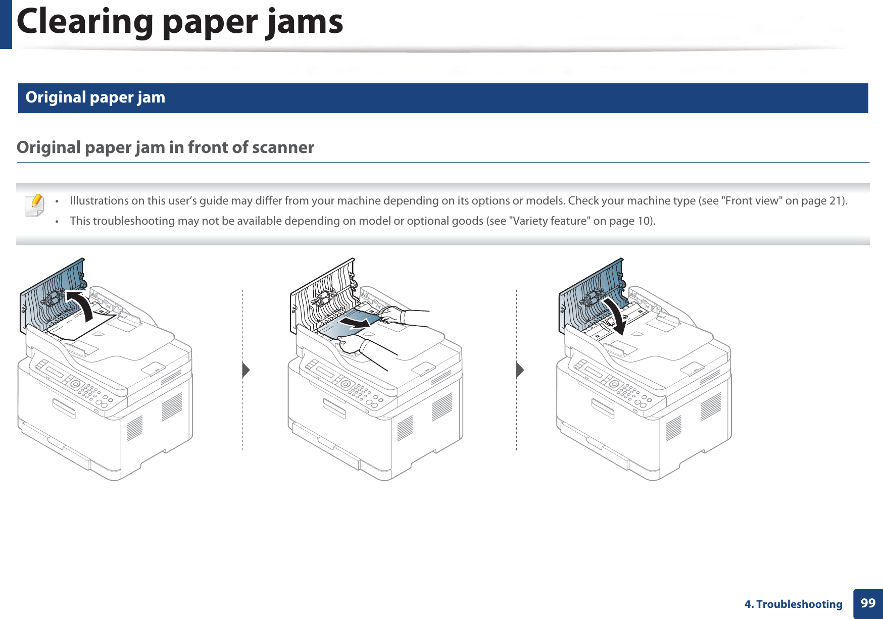 Clearing paper jams994. Troubleshooting4 Original paper jamOriginal paper jam in front of scanner • Illustrations on this user’s guide may differ from your machine depending on its options or models. Check your machine type (see &quot;Front view&quot; on page 21).• This troubleshooting may not be available depending on model or optional goods (see &quot;Variety feature&quot; on page 10). 