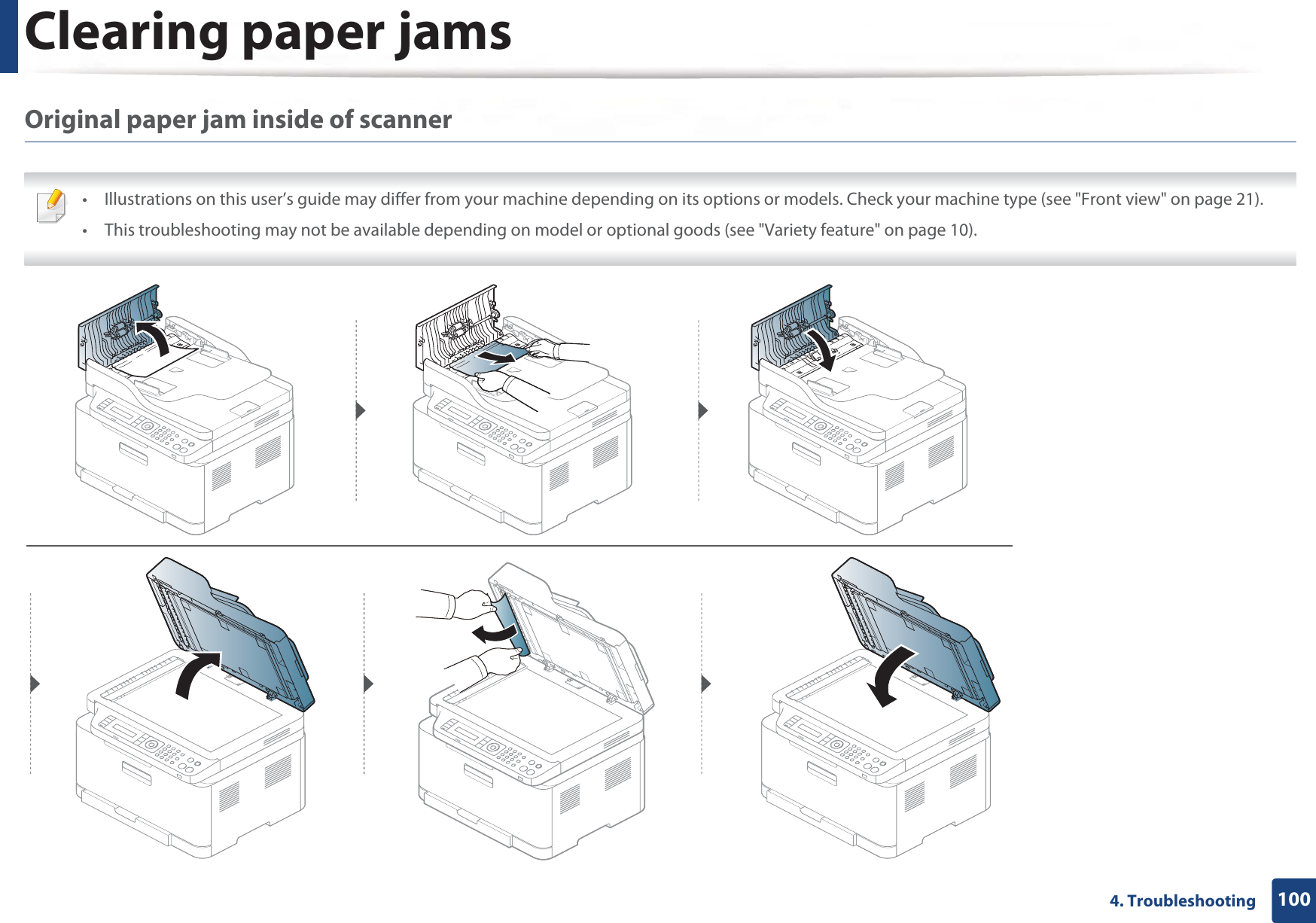 Clearing paper jams1004. TroubleshootingOriginal paper jam inside of scanner • Illustrations on this user’s guide may differ from your machine depending on its options or models. Check your machine type (see &quot;Front view&quot; on page 21).• This troubleshooting may not be available depending on model or optional goods (see &quot;Variety feature&quot; on page 10). 