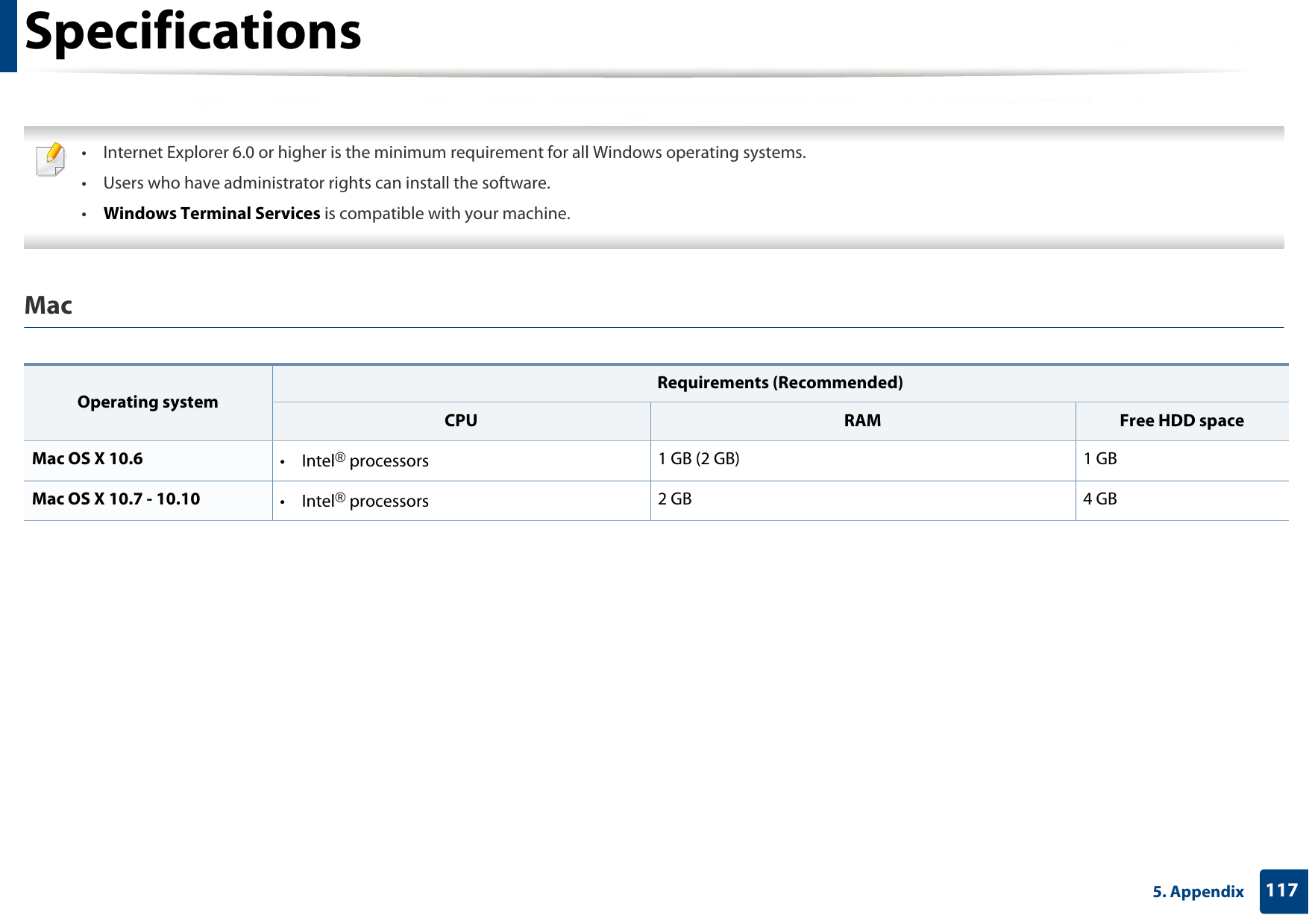 Specifications1175. Appendix  • Internet Explorer 6.0 or higher is the minimum requirement for all Windows operating systems.• Users who have administrator rights can install the software.•Windows Terminal Services is compatible with your machine. Mac  Operating systemRequirements (Recommended)CPU RAM Free HDD spaceMac OS X 10.6  •Intel® processors 1 GB (2 GB) 1 GBMac OS X 10.7 - 10.10 •Intel® processors 2 GB 4 GB