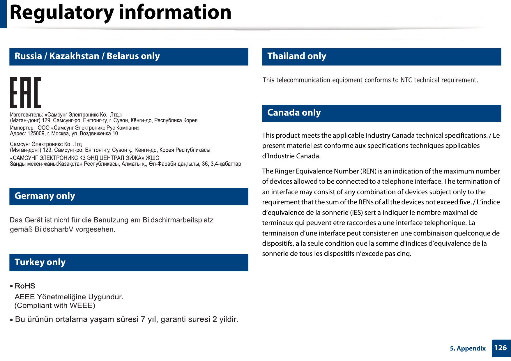 Regulatory information1265. Appendix18 Russia / Kazakhstan / Belarus only19 Germany only20 Turkey only21 Thailand only22 Canada onlyThis product meets the applicable Industry Canada technical specifications. / Le present materiel est conforme aux specifications techniques applicables d’Industrie Canada.The Ringer Equivalence Number (REN) is an indication of the maximum number of devices allowed to be connected to a telephone interface. The termination of an interface may consist of any combination of devices subject only to the requirement that the sum of the RENs of all the devices not exceed five. / L’indice d’equivalence de la sonnerie (IES) sert a indiquer le nombre maximal de terminaux qui peuvent etre raccordes a une interface telephonique. La terminaison d’une interface peut consister en une combinaison quelconque de dispositifs, a la seule condition que la somme d’indices d’equivalence de la sonnerie de tous les dispositifs n’excede pas cinq.