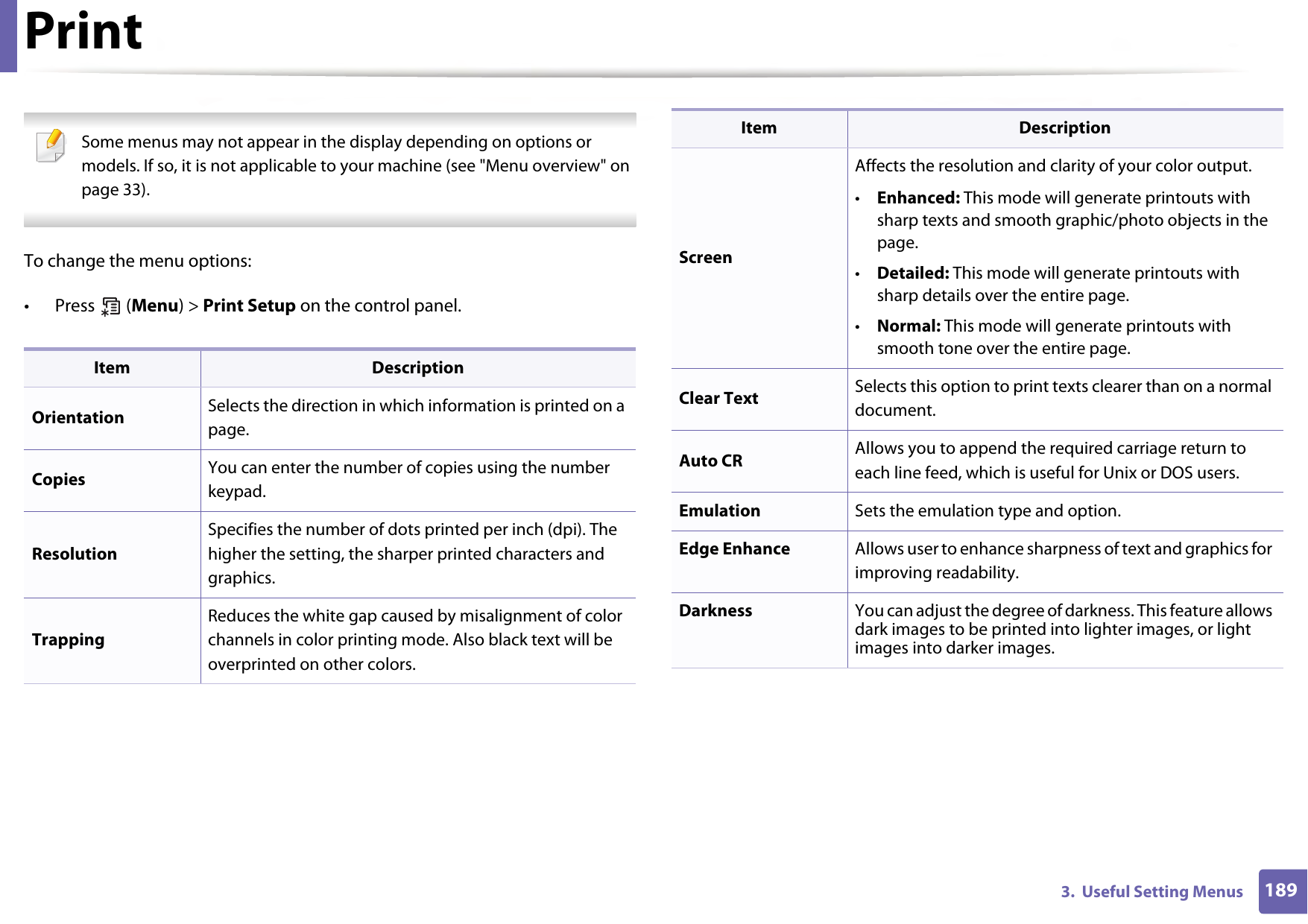 1893.  Useful Setting MenusPrint Some menus may not appear in the display depending on options or models. If so, it is not applicable to your machine (see &quot;Menu overview&quot; on page 33). To change the menu options:• Press  (Menu) &gt; Print Setup on the control panel.Item DescriptionOrientation Selects the direction in which information is printed on a page.Copies  You can enter the number of copies using the number keypad.ResolutionSpecifies the number of dots printed per inch (dpi). The higher the setting, the sharper printed characters and graphics.TrappingReduces the white gap caused by misalignment of color channels in color printing mode. Also black text will be overprinted on other colors.ScreenAffects the resolution and clarity of your color output.•Enhanced: This mode will generate printouts with sharp texts and smooth graphic/photo objects in the page.•Detailed: This mode will generate printouts with sharp details over the entire page.•Normal: This mode will generate printouts with smooth tone over the entire page.Clear Text Selects this option to print texts clearer than on a normal document.Auto CR Allows you to append the required carriage return to each line feed, which is useful for Unix or DOS users.Emulation Sets the emulation type and option.Edge Enhance Allows user to enhance sharpness of text and graphics for improving readability.Darkness You can adjust the degree of darkness. This feature allows dark images to be printed into lighter images, or light images into darker images.Item Description