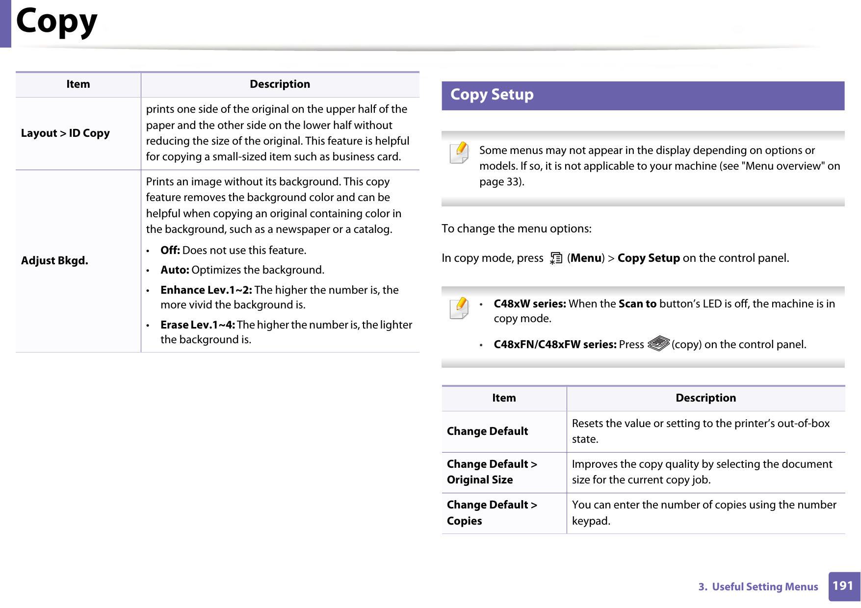 Copy1913.  Useful Setting Menus2 Copy Setup Some menus may not appear in the display depending on options or models. If so, it is not applicable to your machine (see &quot;Menu overview&quot; on page 33). To change the menu options:In copy mode, press   (Menu) &gt; Copy Setup on the control panel. •C48xW series: When the Scan to button’s LED is off, the machine is in copy mode.•C48xFN/C48xFW series: Press  (copy) on the control panel. Layout &gt; ID Copyprints one side of the original on the upper half of the paper and the other side on the lower half without reducing the size of the original. This feature is helpful for copying a small-sized item such as business card.Adjust Bkgd.Prints an image without its background. This copy feature removes the background color and can be helpful when copying an original containing color in the background, such as a newspaper or a catalog.•Off: Does not use this feature.•Auto: Optimizes the background.•Enhance Lev.1~2: The higher the number is, the more vivid the background is.•Erase Lev.1~4: The higher the number is, the lighter the background is.Item DescriptionItem DescriptionChange Default Resets the value or setting to the printer’s out-of-box state.Change Default &gt; Original SizeImproves the copy quality by selecting the document size for the current copy job.Change Default &gt; Copies You can enter the number of copies using the number keypad.