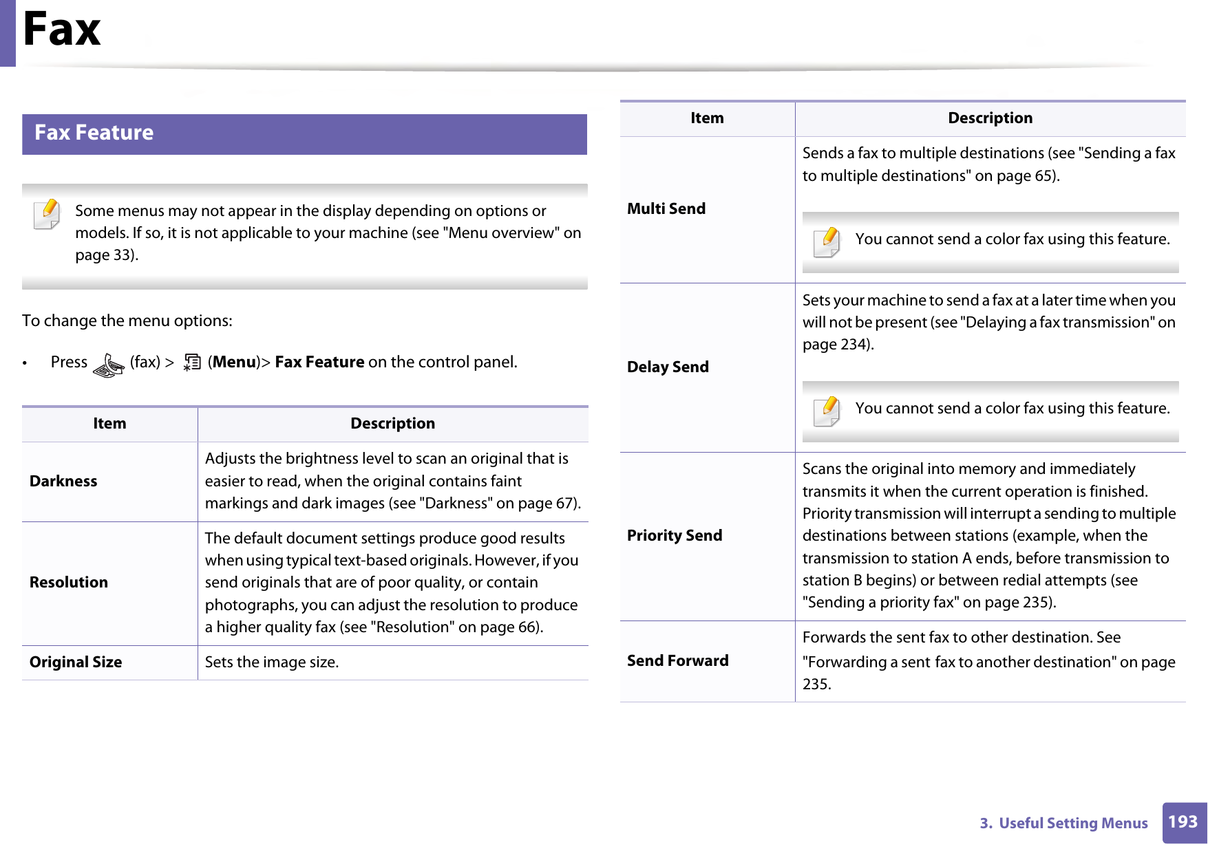 1933.  Useful Setting MenusFax3 Fax Feature Some menus may not appear in the display depending on options or models. If so, it is not applicable to your machine (see &quot;Menu overview&quot; on page 33). To change the menu options:• Press   (fax) &gt;   (Menu)&gt; Fax Feature on the control panel.Item DescriptionDarknessAdjusts the brightness level to scan an original that is easier to read, when the original contains faint markings and dark images (see &quot;Darkness&quot; on page 67).ResolutionThe default document settings produce good results when using typical text-based originals. However, if you send originals that are of poor quality, or contain photographs, you can adjust the resolution to produce a higher quality fax (see &quot;Resolution&quot; on page 66).Original Size Sets the image size.Multi SendSends a fax to multiple destinations (see &quot;Sending a fax to multiple destinations&quot; on page 65). You cannot send a color fax using this feature.  Delay SendSets your machine to send a fax at a later time when you will not be present (see &quot;Delaying a fax transmission&quot; on page 234). You cannot send a color fax using this feature.  Priority SendScans the original into memory and immediately transmits it when the current operation is finished. Priority transmission will interrupt a sending to multiple destinations between stations (example, when the transmission to station A ends, before transmission to station B begins) or between redial attempts (see &quot;Sending a priority fax&quot; on page 235).Send ForwardForwards the sent fax to other destination. See &quot;Forwarding a sent fax to another destination&quot; on page 235.Item Description