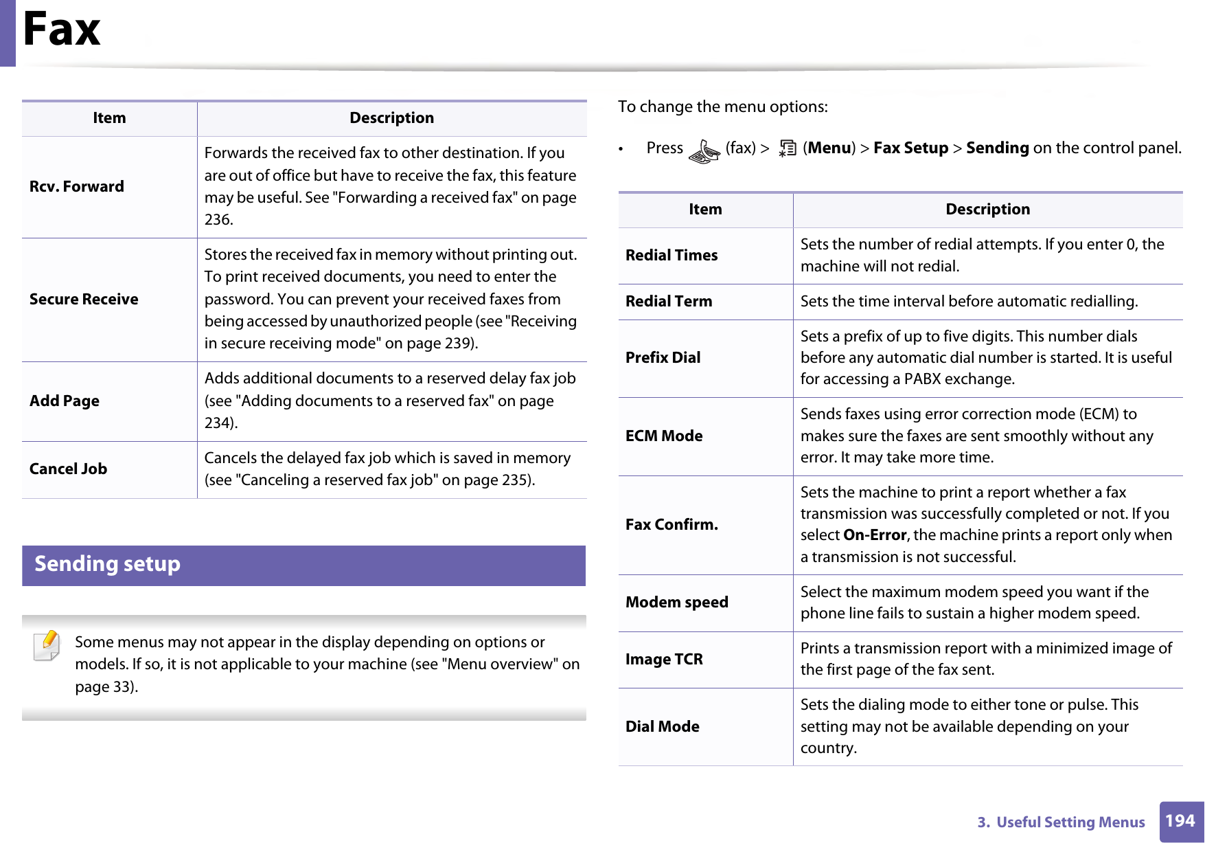 Fax1943.  Useful Setting Menus4 Sending setup Some menus may not appear in the display depending on options or models. If so, it is not applicable to your machine (see &quot;Menu overview&quot; on page 33). To change the menu options:• Press   (fax) &gt;   (Menu) &gt; Fax Setup &gt; Sending on the control panel.Rcv. ForwardForwards the received fax to other destination. If you are out of office but have to receive the fax, this feature may be useful. See &quot;Forwarding a received fax&quot; on page 236.Secure ReceiveStores the received fax in memory without printing out. To print received documents, you need to enter the password. You can prevent your received faxes from being accessed by unauthorized people (see &quot;Receiving in secure receiving mode&quot; on page 239).Add PageAdds additional documents to a reserved delay fax job (see &quot;Adding documents to a reserved fax&quot; on page 234).Cancel Job Cancels the delayed fax job which is saved in memory (see &quot;Canceling a reserved fax job&quot; on page 235).Item DescriptionItem DescriptionRedial Times Sets the number of redial attempts. If you enter 0, the machine will not redial.Redial Term Sets the time interval before automatic redialling. Prefix DialSets a prefix of up to five digits. This number dials before any automatic dial number is started. It is useful for accessing a PABX exchange.ECM ModeSends faxes using error correction mode (ECM) to makes sure the faxes are sent smoothly without any error. It may take more time.Fax Confirm.Sets the machine to print a report whether a fax transmission was successfully completed or not. If you select On-Error, the machine prints a report only when a transmission is not successful.Modem speed  Select the maximum modem speed you want if the phone line fails to sustain a higher modem speed. Image TCR Prints a transmission report with a minimized image of the first page of the fax sent. Dial ModeSets the dialing mode to either tone or pulse. This setting may not be available depending on your country.