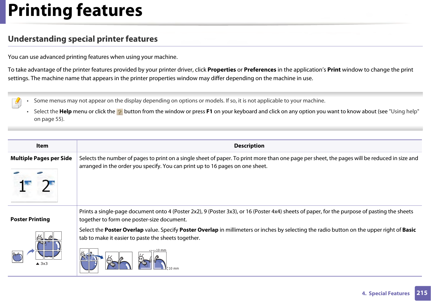 Printing features2154.  Special FeaturesUnderstanding special printer featuresYou can use advanced printing features when using your machine.To take advantage of the printer features provided by your printer driver, click Properties or Preferences in the application’s Print window to change the print settings. The machine name that appears in the printer properties window may differ depending on the machine in use. • Some menus may not appear on the display depending on options or models. If so, it is not applicable to your machine.• Select the Help menu or click the   button from the window or press F1 on your keyboard and click on any option you want to know about (see &quot;Using help&quot; on page 55).  Item DescriptionMultiple Pages per Side Selects the number of pages to print on a single sheet of paper. To print more than one page per sheet, the pages will be reduced in size and arranged in the order you specify. You can print up to 16 pages on one sheet. Poster PrintingPrints a single-page document onto 4 (Poster 2x2), 9 (Poster 3x3), or 16 (Poster 4x4) sheets of paper, for the purpose of pasting the sheets together to form one poster-size document.Select the Poster Overlap value. Specify Poster Overlap in millimeters or inches by selecting the radio button on the upper right of Basic tab to make it easier to paste the sheets together.