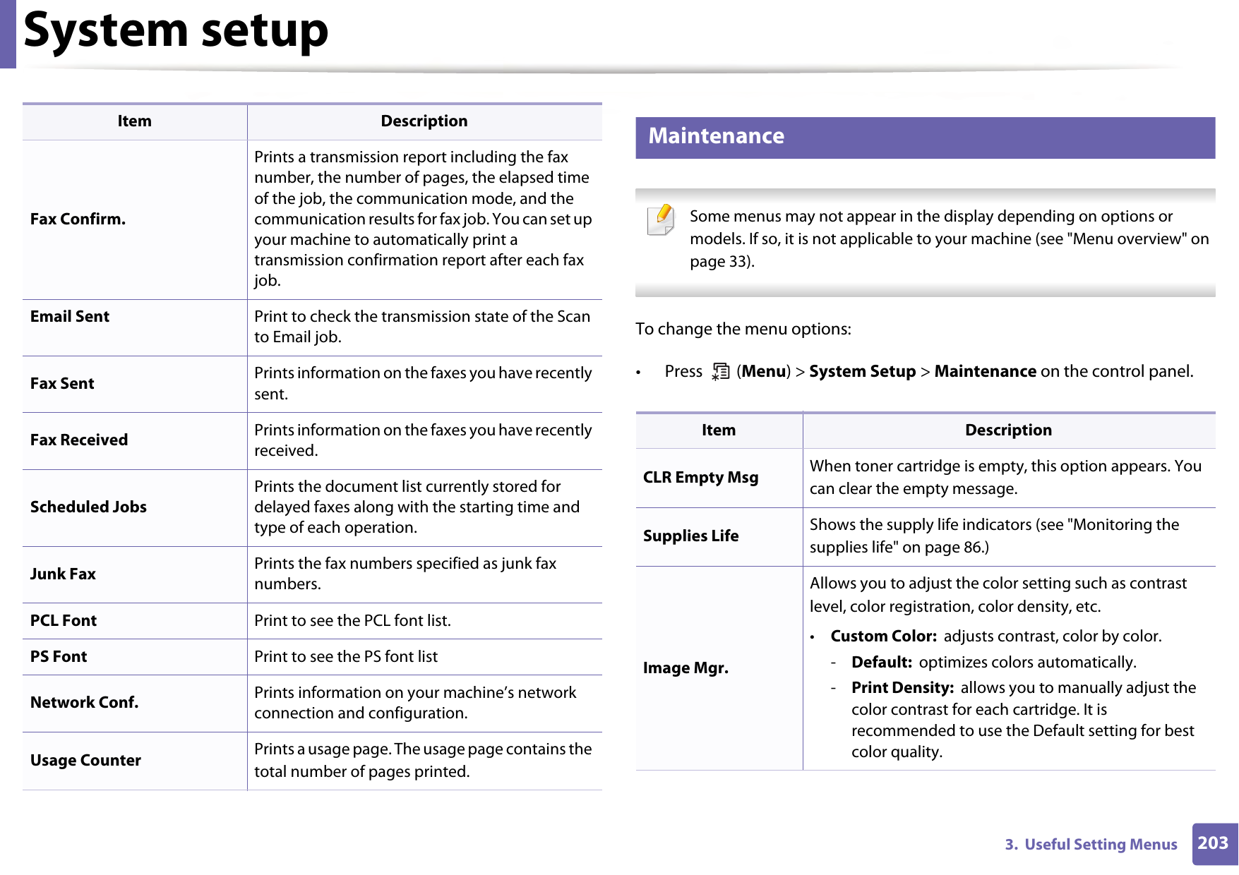 System setup2033.  Useful Setting Menus13 Maintenance Some menus may not appear in the display depending on options or models. If so, it is not applicable to your machine (see &quot;Menu overview&quot; on page 33). To change the menu options:• Press  (Menu) &gt; System Setup &gt; Maintenance on the control panel.Fax Confirm.Prints a transmission report including the fax number, the number of pages, the elapsed time of the job, the communication mode, and the communication results for fax job. You can set up your machine to automatically print a transmission confirmation report after each fax job.Email Sent Print to check the transmission state of the Scan to Email job.Fax Sent Prints information on the faxes you have recently sent.Fax Received Prints information on the faxes you have recently received.Scheduled JobsPrints the document list currently stored for delayed faxes along with the starting time and type of each operation.Junk Fax Prints the fax numbers specified as junk fax numbers.PCL Font Print to see the PCL font list.PS Font Print to see the PS font listNetwork Conf.  Prints information on your machine’s network connection and configuration.Usage Counter Prints a usage page. The usage page contains the total number of pages printed.Item DescriptionItem DescriptionCLR Empty Msg When toner cartridge is empty, this option appears. You can clear the empty message.Supplies Life Shows the supply life indicators (see &quot;Monitoring the supplies life&quot; on page 86.)Image Mgr.Allows you to adjust the color setting such as contrast level, color registration, color density, etc.•Custom Color:  adjusts contrast, color by color.-Default:  optimizes colors automatically.-Print Density:  allows you to manually adjust the color contrast for each cartridge. It is recommended to use the Default setting for best color quality.