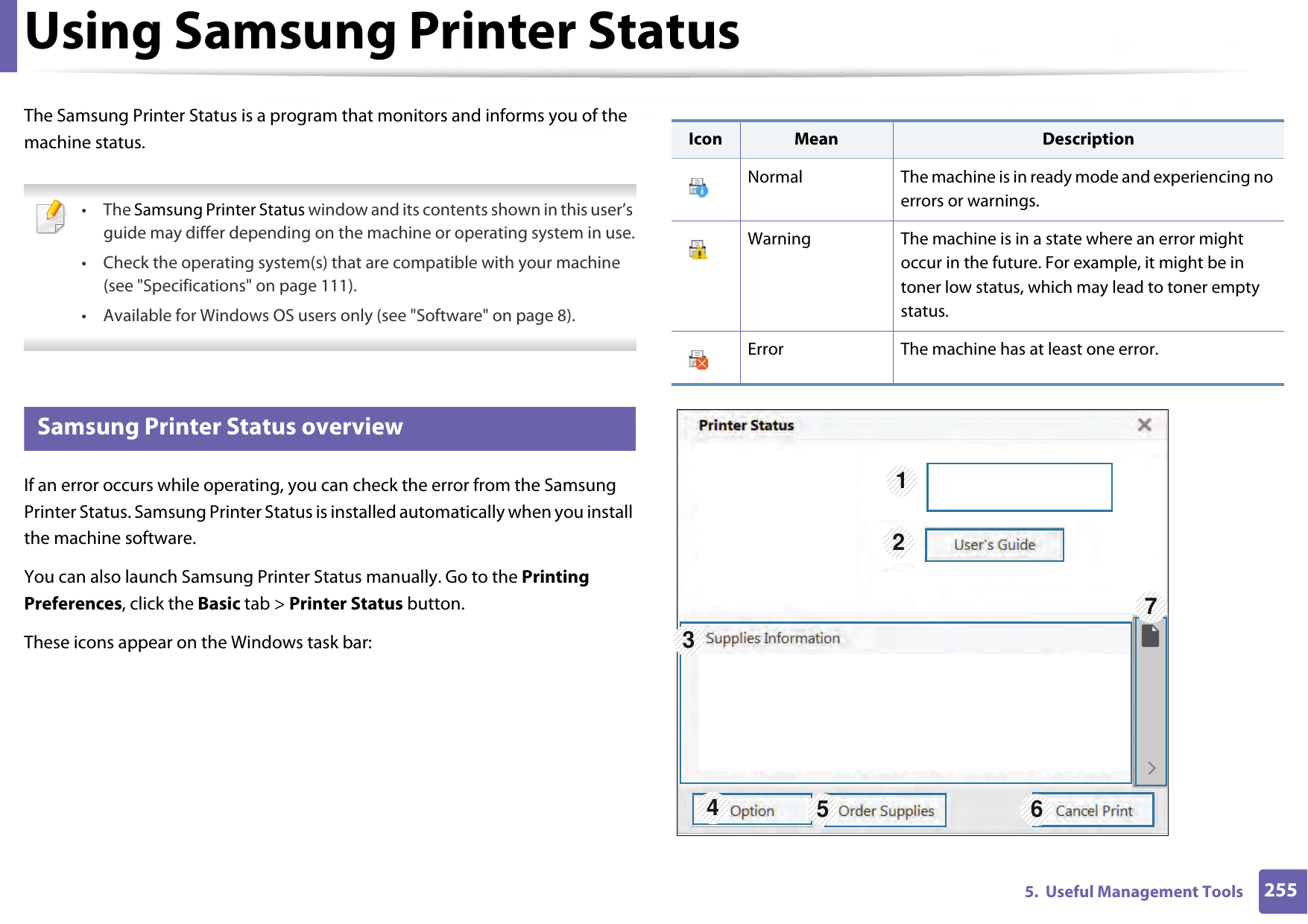 2555.  Useful Management ToolsUsing Samsung Printer StatusThe Samsung Printer Status is a program that monitors and informs you of the machine status.  • The Samsung Printer Status window and its contents shown in this user’s guide may differ depending on the machine or operating system in use.• Check the operating system(s) that are compatible with your machine (see &quot;Specifications&quot; on page 111).• Available for Windows OS users only (see &quot;Software&quot; on page 8). 6 Samsung Printer Status overviewIf an error occurs while operating, you can check the error from the Samsung Printer Status. Samsung Printer Status is installed automatically when you install the machine software. You can also launch Samsung Printer Status manually. Go to the Printing Preferences, click the Basic tab &gt; Printer Status button.These icons appear on the Windows task bar:Icon Mean DescriptionNormal The machine is in ready mode and experiencing no errors or warnings.Warning The machine is in a state where an error might occur in the future. For example, it might be in toner low status, which may lead to toner empty status.Error The machine has at least one error.1327456
