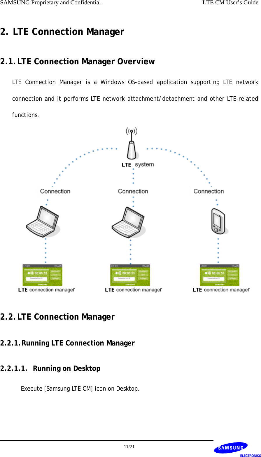 SAMSUNG Proprietary and Confidential    LTE CM User’s Guide 2. LTE Connection Manager 2.1. LTE Connection Manager Overview LTE Connection Manager is a Windows OS-based application supporting LTE network connection and it performs LTE network attachment/detachment and other LTE-related functions.  2.2. LTE Connection Manager 2.2.1. Running LTE Connection Manager 2.2.1.1. Running on Desktop Execute [Samsung LTE CM] icon on Desktop.  11/21  