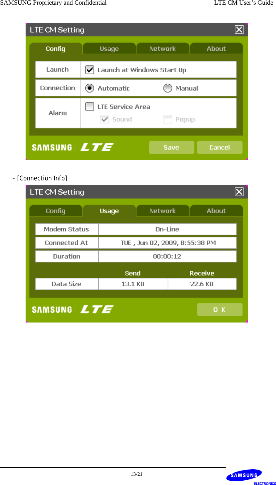 SAMSUNG Proprietary and Confidential    LTE CM User’s Guide   - [Connection Info]              13/21  
