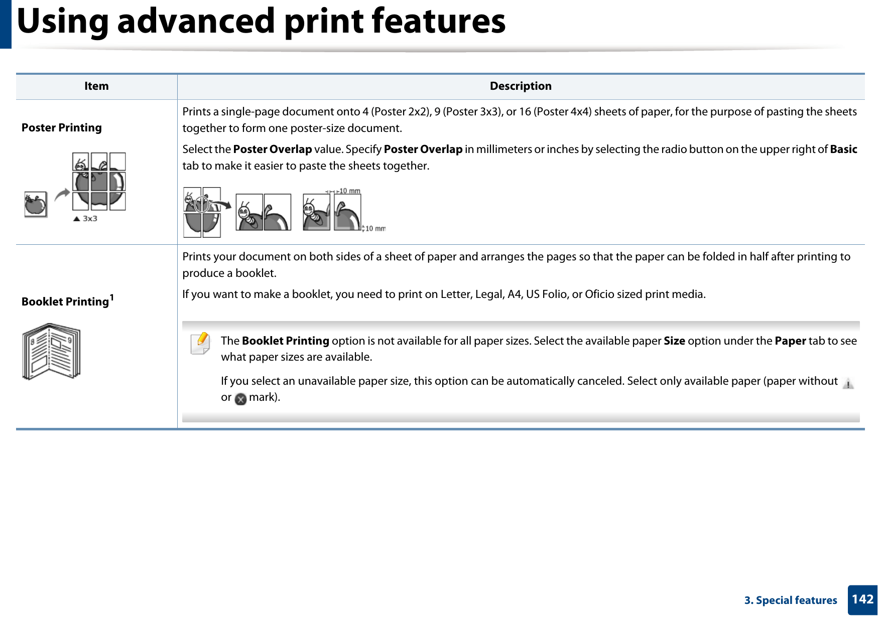 Using advanced print features1423. Special featuresPoster PrintingPrints a single-page document onto 4 (Poster 2x2), 9 (Poster 3x3), or 16 (Poster 4x4) sheets of paper, for the purpose of pasting the sheets together to form one poster-size document.Select the Poster Overlap value. Specify Poster Overlap in millimeters or inches by selecting the radio button on the upper right of Basic tab to make it easier to paste the sheets together.Booklet Printing1Prints your document on both sides of a sheet of paper and arranges the pages so that the paper can be folded in half after printing to produce a booklet.If you want to make a booklet, you need to print on Letter, Legal, A4, US Folio, or Oficio sized print media.  The Booklet Printing option is not available for all paper sizes. Select the available paper Size option under the Paper tab to see what paper sizes are available.If you select an unavailable paper size, this option can be automatically canceled. Select only available paper (paper without   or  mark). Item Description