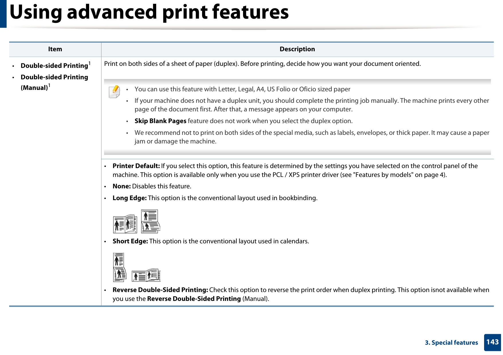 Using advanced print features1433. Special features•Double-sided Printing1•Double-sided Printing (Manual)1Print on both sides of a sheet of paper (duplex). Before printing, decide how you want your document oriented.  • You can use this feature with Letter, Legal, A4, US Folio or Oficio sized paper • If your machine does not have a duplex unit, you should complete the printing job manually. The machine prints every other page of the document first. After that, a message appears on your computer.•Skip Blank Pages feature does not work when you select the duplex option.• We recommend not to print on both sides of the special media, such as labels, envelopes, or thick paper. It may cause a paper jam or damage the machine. •Printer Default: If you select this option, this feature is determined by the settings you have selected on the control panel of the machine. This option is available only when you use the PCL / XPS printer driver (see &quot;Features by models&quot; on page 4).•None: Disables this feature.•Long Edge: This option is the conventional layout used in bookbinding.•Short Edge: This option is the conventional layout used in calendars.•Reverse Double-Sided Printing: Check this option to reverse the print order when duplex printing. This option isnot available when you use the Reverse Double-Sided Printing (Manual).Item Description
