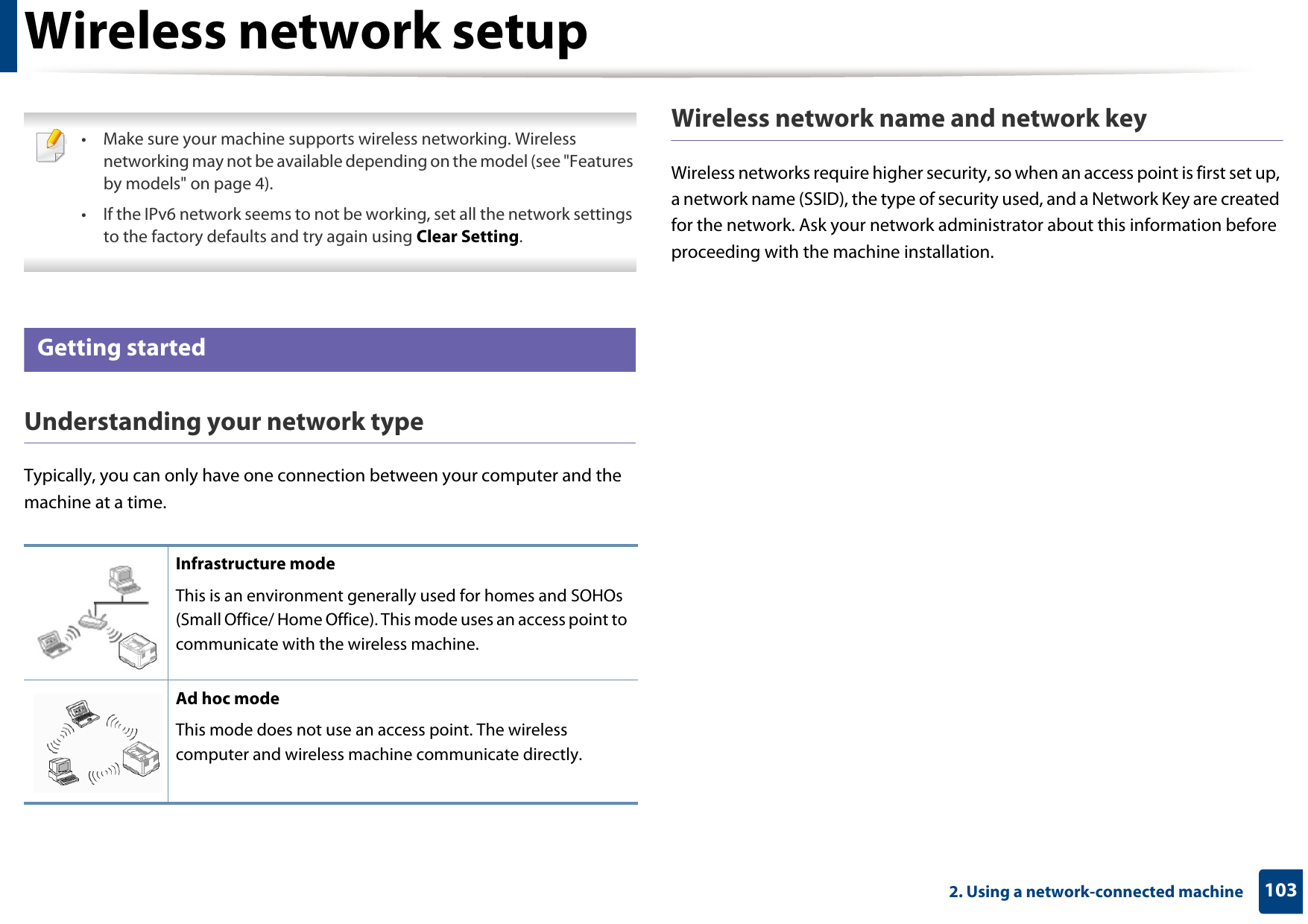 1032. Using a network-connected machineWireless network setup • Make sure your machine supports wireless networking. Wireless networking may not be available depending on the model (see &quot;Features by models&quot; on page 4).• If the IPv6 network seems to not be working, set all the network settings to the factory defaults and try again using Clear Setting. 12 Getting startedUnderstanding your network typeTypically, you can only have one connection between your computer and the machine at a time.Wireless network name and network keyWireless networks require higher security, so when an access point is first set up, a network name (SSID), the type of security used, and a Network Key are created for the network. Ask your network administrator about this information before proceeding with the machine installation.Infrastructure modeThis is an environment generally used for homes and SOHOs (Small Office/ Home Office). This mode uses an access point to communicate with the wireless machine.Ad hoc modeThis mode does not use an access point. The wireless computer and wireless machine communicate directly. 