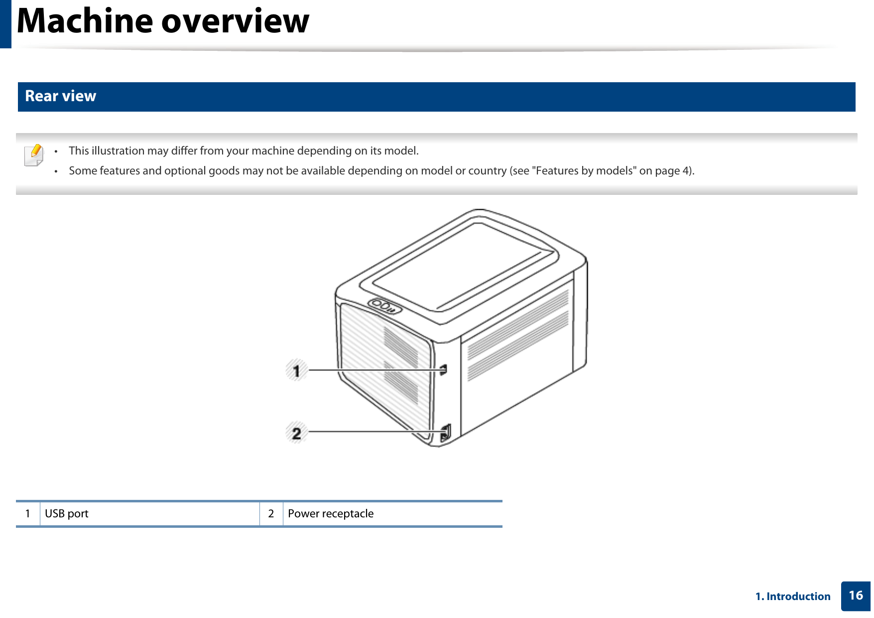 Machine overview161. Introduction11 Rear view • This illustration may differ from your machine depending on its model.• Some features and optional goods may not be available depending on model or country (see &quot;Features by models&quot; on page 4). 1 USB port 2 Power receptacle