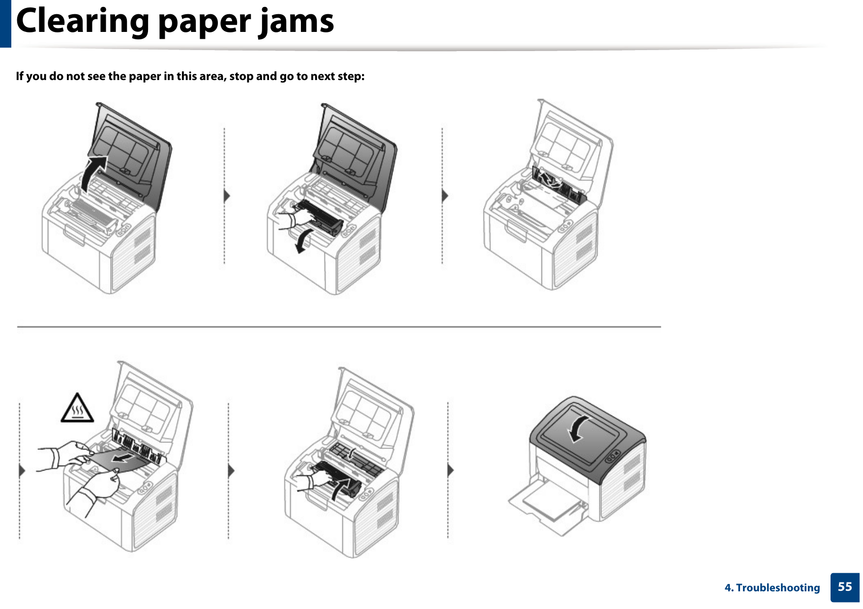 Clearing paper jams554. TroubleshootingIf you do not see the paper in this area, stop and go to next step:
