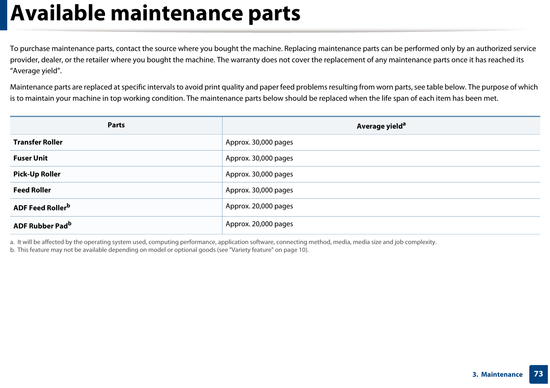 733.  MaintenanceAvailable maintenance partsTo purchase maintenance parts, contact the source where you bought the machine. Replacing maintenance parts can be performed only by an authorized service provider, dealer, or the retailer where you bought the machine. The warranty does not cover the replacement of any maintenance parts once it has reached its “Average yield”.Maintenance parts are replaced at specific intervals to avoid print quality and paper feed problems resulting from worn parts, see table below. The purpose of which is to maintain your machine in top working condition. The maintenance parts below should be replaced when the life span of each item has been met.Parts Average yieldaa. It will be affected by the operating system used, computing performance, application software, connecting method, media, media size and job complexity.Transfer Roller Approx. 30,000 pages Fuser Unit Approx. 30,000 pagesPick-Up Roller Approx. 30,000 pagesFeed Roller Approx. 30,000 pagesADF Feed Rollerbb. This feature may not be available depending on model or optional goods (see &quot;Variety feature&quot; on page 10).Approx. 20,000 pagesADF Rubber PadbApprox. 20,000 pages
