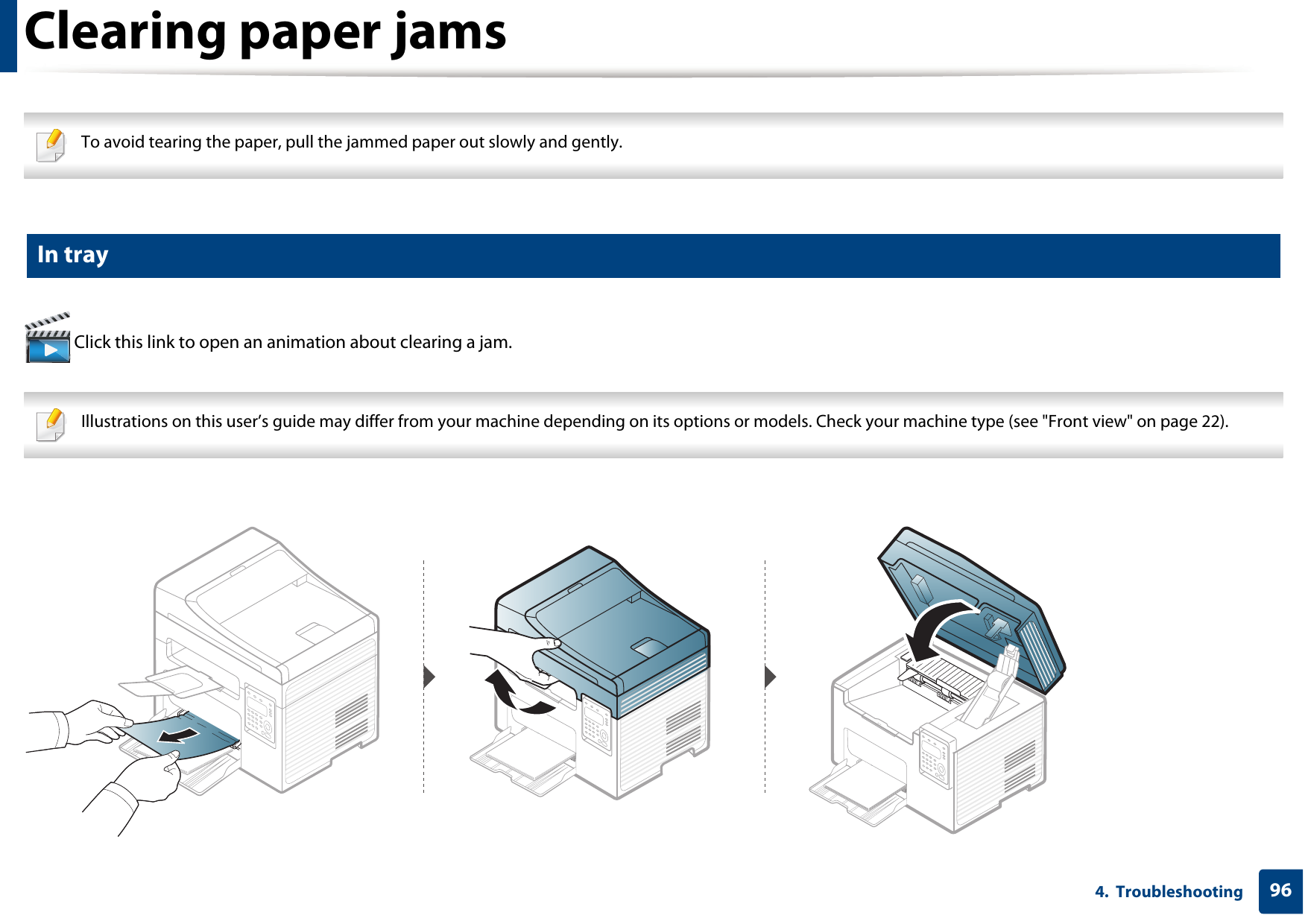 964.  TroubleshootingClearing paper jams To avoid tearing the paper, pull the jammed paper out slowly and gently.  4 In tray Click this link to open an animation about clearing a jam. Illustrations on this user’s guide may differ from your machine depending on its options or models. Check your machine type (see &quot;Front view&quot; on page 22). 