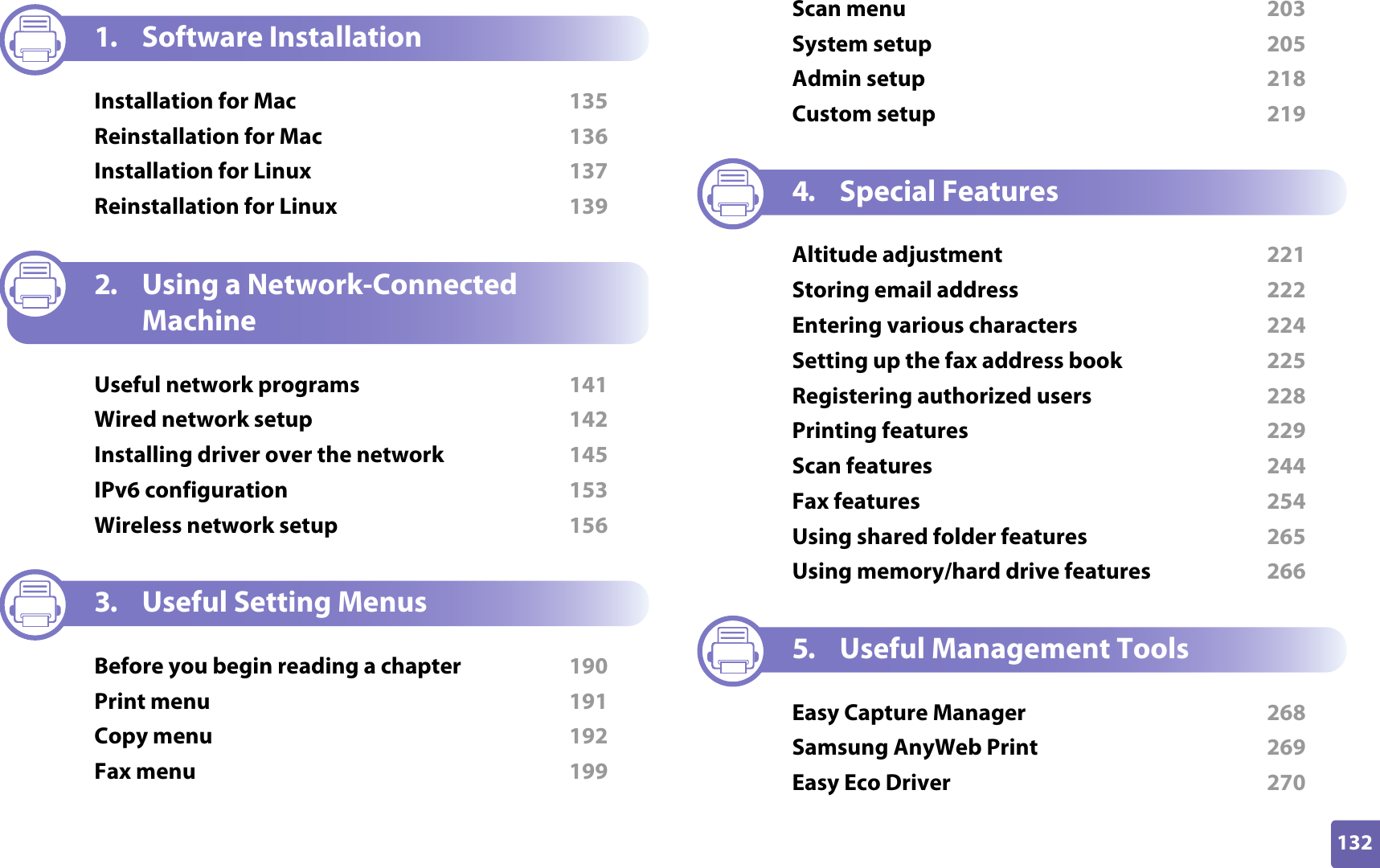 132ADVANCED1. Software InstallationInstallation for Mac  135Reinstallation for Mac  136Installation for Linux  137Reinstallation for Linux  1392. Using a Network-Connected MachineUseful network programs  141Wired network setup  142Installing driver over the network  145IPv6 configuration  153Wireless network setup  1563. Useful Setting MenusBefore you begin reading a chapter  190Print menu  191Copy menu  192Fax menu  199Scan menu  203System setup  205Admin setup  218Custom setup  2194. Special FeaturesAltitude adjustment  221Storing email address  222Entering various characters  224Setting up the fax address book  225Registering authorized users  228Printing features  229Scan features  244Fax features  254Using shared folder features  265Using memory/hard drive features  2665. Useful Management ToolsEasy Capture Manager  268Samsung AnyWeb Print  269Easy Eco Driver  270