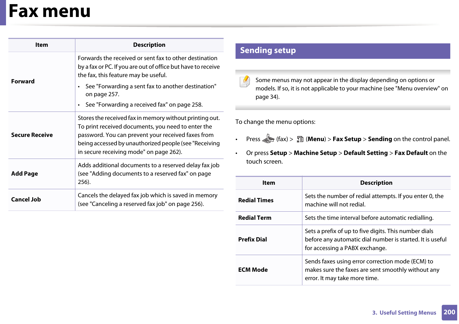 Fax menu2003.  Useful Setting Menus4 Sending setup Some menus may not appear in the display depending on options or models. If so, it is not applicable to your machine (see &quot;Menu overview&quot; on page 34). To change the menu options:• Press   (fax) &gt;   (Menu) &gt; Fax Setup &gt; Sending on the control panel.• Or press Setup &gt; Machine Setup &gt; Default Setting &gt; Fax Default on the touch screen.ForwardForwards the received or sent fax to other destination by a fax or PC. If you are out of office but have to receive the fax, this feature may be useful.• See &quot;Forwarding a sent fax to another destination&quot; on page 257.• See &quot;Forwarding a received fax&quot; on page 258.Secure ReceiveStores the received fax in memory without printing out. To print received documents, you need to enter the password. You can prevent your received faxes from being accessed by unauthorized people (see &quot;Receiving in secure receiving mode&quot; on page 262).Add PageAdds additional documents to a reserved delay fax job (see &quot;Adding documents to a reserved fax&quot; on page 256).Cancel Job Cancels the delayed fax job which is saved in memory (see &quot;Canceling a reserved fax job&quot; on page 256).Item DescriptionItem DescriptionRedial Times Sets the number of redial attempts. If you enter 0, the machine will not redial.Redial Term Sets the time interval before automatic redialling. Prefix DialSets a prefix of up to five digits. This number dials before any automatic dial number is started. It is useful for accessing a PABX exchange.ECM ModeSends faxes using error correction mode (ECM) to makes sure the faxes are sent smoothly without any error. It may take more time.