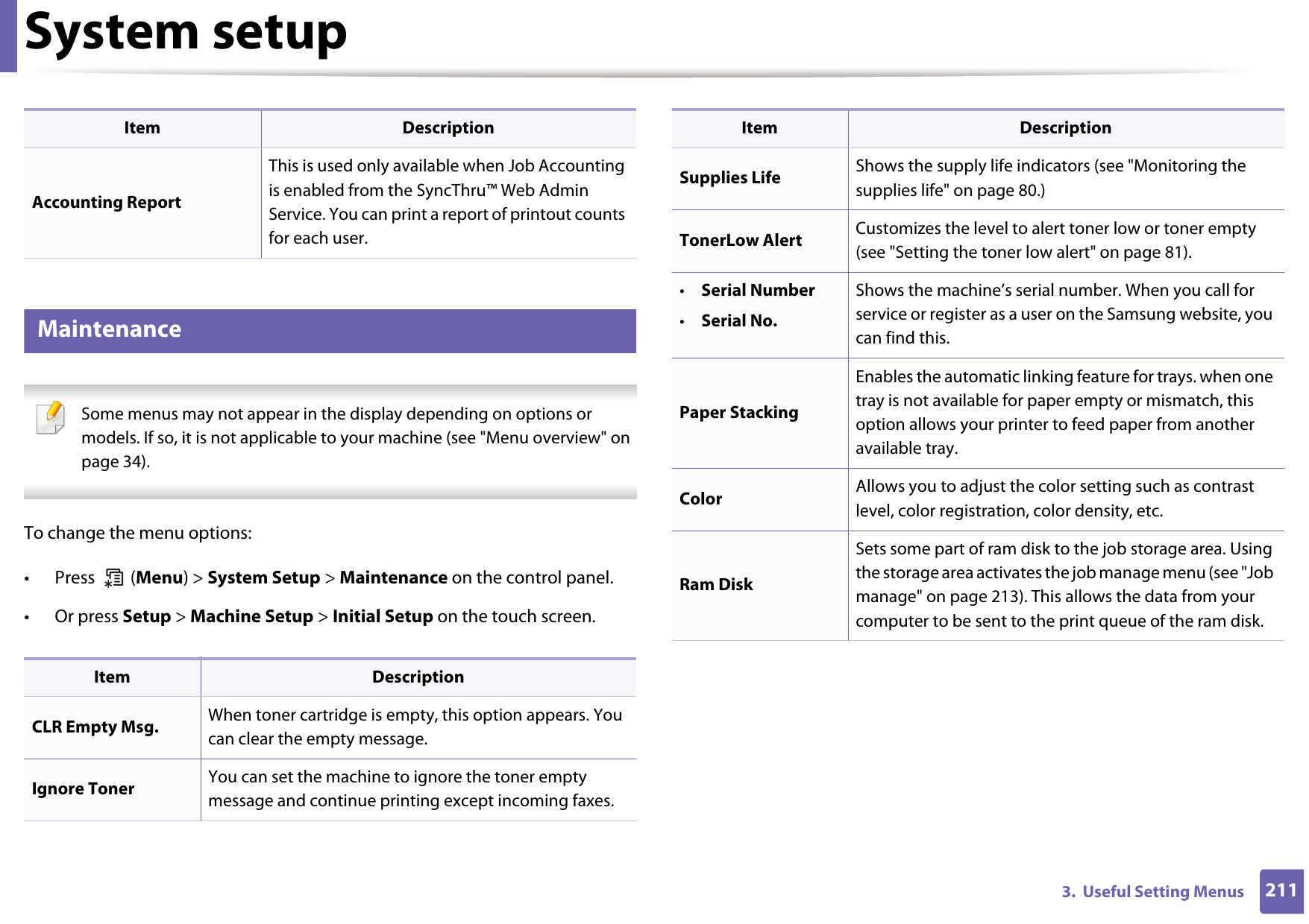 System setup2113.  Useful Setting Menus12 Maintenance Some menus may not appear in the display depending on options or models. If so, it is not applicable to your machine (see &quot;Menu overview&quot; on page 34). To change the menu options:• Press  (Menu) &gt; System Setup &gt; Maintenance on the control panel.• Or press Setup &gt; Machine Setup &gt; Initial Setup on the touch screen.Accounting ReportThis is used only available when Job Accounting is enabled from the SyncThru™ Web Admin Service. You can print a report of printout counts for each user.Item DescriptionCLR Empty Msg. When toner cartridge is empty, this option appears. You can clear the empty message.Ignore Toner You can set the machine to ignore the toner empty message and continue printing except incoming faxes.Item DescriptionSupplies Life Shows the supply life indicators (see &quot;Monitoring the supplies life&quot; on page 80.)TonerLow Alert Customizes the level to alert toner low or toner empty (see &quot;Setting the toner low alert&quot; on page 81).•Serial Number•Serial No.Shows the machine’s serial number. When you call for service or register as a user on the Samsung website, you can find this.Paper StackingEnables the automatic linking feature for trays. when one tray is not available for paper empty or mismatch, this option allows your printer to feed paper from another available tray.Color Allows you to adjust the color setting such as contrast level, color registration, color density, etc.Ram DiskSets some part of ram disk to the job storage area. Using the storage area activates the job manage menu (see &quot;Job manage&quot; on page 213). This allows the data from your computer to be sent to the print queue of the ram disk. Item Description