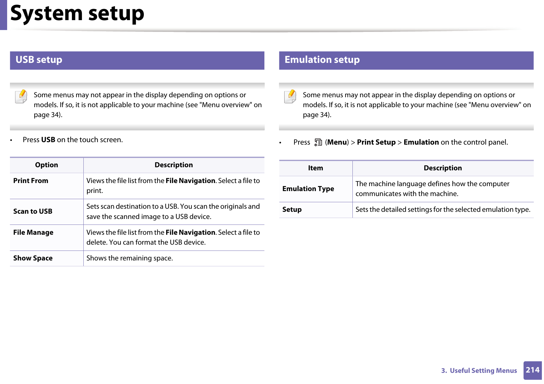 System setup2143.  Useful Setting Menus16 USB setup Some menus may not appear in the display depending on options or models. If so, it is not applicable to your machine (see &quot;Menu overview&quot; on page 34). • Press USB on the touch screen.17 Emulation setup Some menus may not appear in the display depending on options or models. If so, it is not applicable to your machine (see &quot;Menu overview&quot; on page 34). •  Press   (Menu) &gt; Print Setup &gt; Emulation on the control panel.Option DescriptionPrint From Views the file list from the File Navigation. Select a file to print.Scan to USB Sets scan destination to a USB. You scan the originals and save the scanned image to a USB device.File Manage Views the file list from the File Navigation. Select a file to delete. You can format the USB device.Show Space Shows the remaining space.Item DescriptionEmulation Type The machine language defines how the computer communicates with the machine.Setup Sets the detailed settings for the selected emulation type.