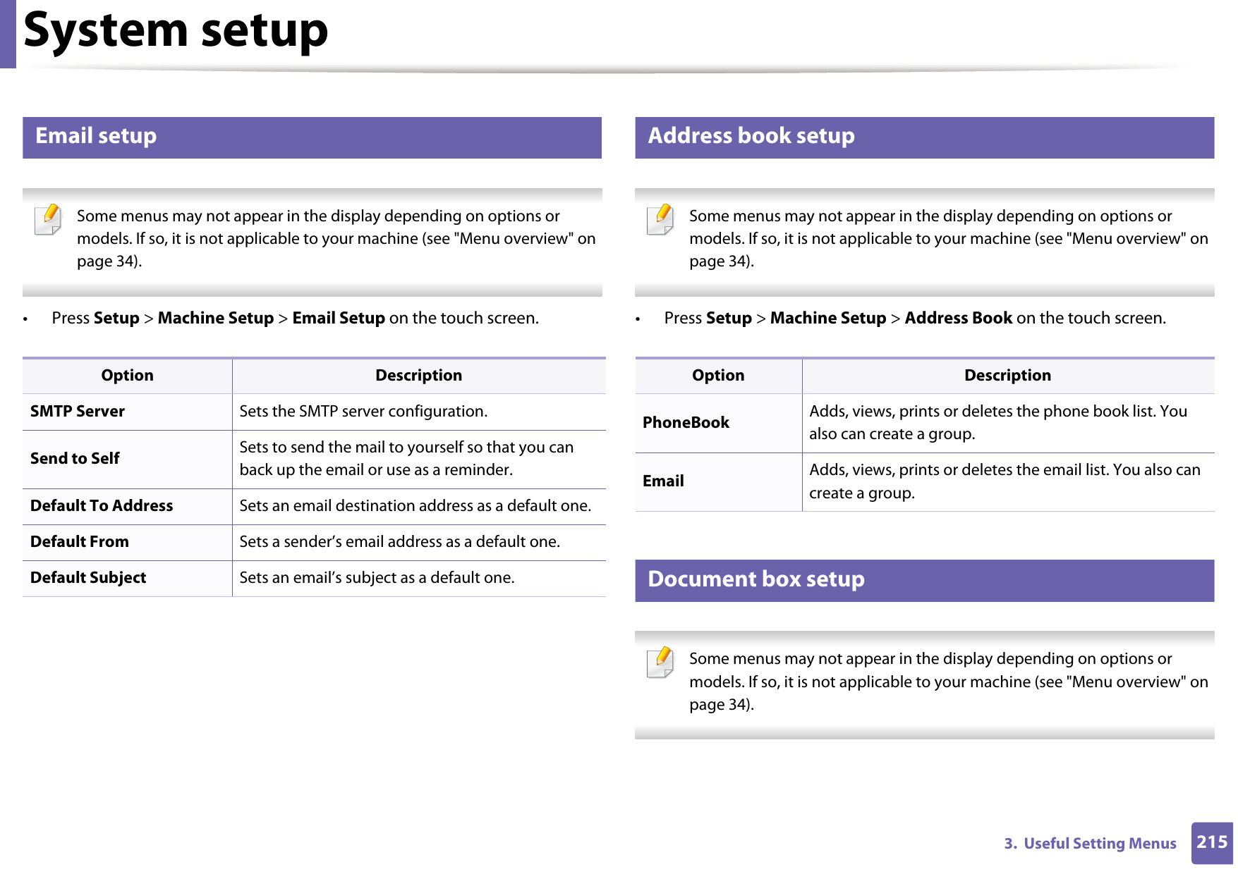 System setup2153.  Useful Setting Menus18 Email setup Some menus may not appear in the display depending on options or models. If so, it is not applicable to your machine (see &quot;Menu overview&quot; on page 34). • Press Setup &gt; Machine Setup &gt; Email Setup on the touch screen.19 Address book setup Some menus may not appear in the display depending on options or models. If so, it is not applicable to your machine (see &quot;Menu overview&quot; on page 34). • Press Setup &gt; Machine Setup &gt; Address Book on the touch screen.20 Document box setup Some menus may not appear in the display depending on options or models. If so, it is not applicable to your machine (see &quot;Menu overview&quot; on page 34). Option DescriptionSMTP Server Sets the SMTP server configuration.Send to Self Sets to send the mail to yourself so that you can back up the email or use as a reminder.Default To Address Sets an email destination address as a default one.Default From Sets a sender’s email address as a default one.Default Subject Sets an email’s subject as a default one.Option DescriptionPhoneBook Adds, views, prints or deletes the phone book list. You also can create a group.Email Adds, views, prints or deletes the email list. You also can create a group.