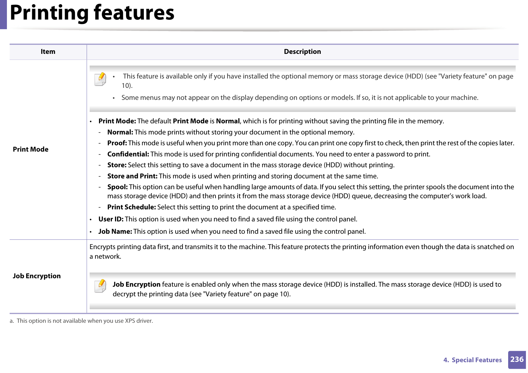 Printing features2364.  Special Features Print Mode •  This feature is available only if you have installed the optional memory or mass storage device (HDD) (see &quot;Variety feature&quot; on page 10).• Some menus may not appear on the display depending on options or models. If so, it is not applicable to your machine. •Print Mode: The default Print Mode is Normal, which is for printing without saving the printing file in the memory. -Normal: This mode prints without storing your document in the optional memory. -Proof: This mode is useful when you print more than one copy. You can print one copy first to check, then print the rest of the copies later. -Confidential: This mode is used for printing confidential documents. You need to enter a password to print. -Store: Select this setting to save a document in the mass storage device (HDD) without printing. -Store and Print: This mode is used when printing and storing document at the same time. -Spool: This option can be useful when handling large amounts of data. If you select this setting, the printer spools the document into the mass storage device (HDD) and then prints it from the mass storage device (HDD) queue, decreasing the computer’s work load.-Print Schedule: Select this setting to print the document at a specified time.•User ID: This option is used when you need to find a saved file using the control panel. •Job Name: This option is used when you need to find a saved file using the control panel. Job EncryptionEncrypts printing data first, and transmits it to the machine. This feature protects the printing information even though the data is snatched on a network. Job Encryption feature is enabled only when the mass storage device (HDD) is installed. The mass storage device (HDD) is used to decrypt the printing data (see &quot;Variety feature&quot; on page 10). a. This option is not available when you use XPS driver.Item Description