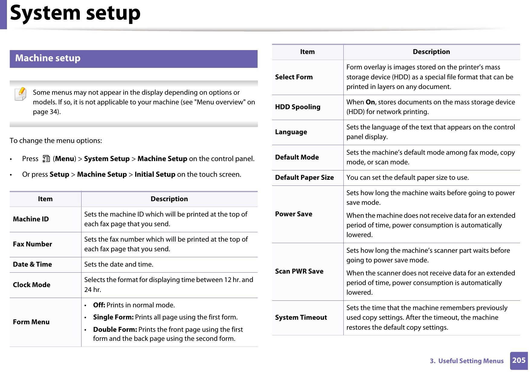 2053.  Useful Setting MenusSystem setup8 Machine setup Some menus may not appear in the display depending on options or models. If so, it is not applicable to your machine (see &quot;Menu overview&quot; on page 34). To change the menu options:• Press  (Menu) &gt; System Setup &gt; Machine Setup on the control panel.• Or press Setup &gt; Machine Setup &gt; Initial Setup on the touch screen.Item DescriptionMachine ID Sets the machine ID which will be printed at the top of each fax page that you send.Fax Number Sets the fax number which will be printed at the top of each fax page that you send.Date &amp; Time Sets the date and time.Clock Mode Selects the format for displaying time between 12 hr. and 24 hr. Form Menu•Off: Prints in normal mode.•Single Form: Prints all page using the first form.•Double Form: Prints the front page using the first form and the back page using the second form.Select FormForm overlay is images stored on the printer’s mass storage device (HDD) as a special file format that can be printed in layers on any document. HDD Spooling When On, stores documents on the mass storage device (HDD) for network printing.Language Sets the language of the text that appears on the control panel display.Default Mode Sets the machine’s default mode among fax mode, copy mode, or scan mode.Default Paper Size You can set the default paper size to use.Power SaveSets how long the machine waits before going to power save mode.When the machine does not receive data for an extended period of time, power consumption is automatically lowered. Scan PWR SaveSets how long the machine’s scanner part waits before going to power save mode.When the scanner does not receive data for an extended period of time, power consumption is automatically lowered. System TimeoutSets the time that the machine remembers previously used copy settings. After the timeout, the machine restores the default copy settings.Item Description
